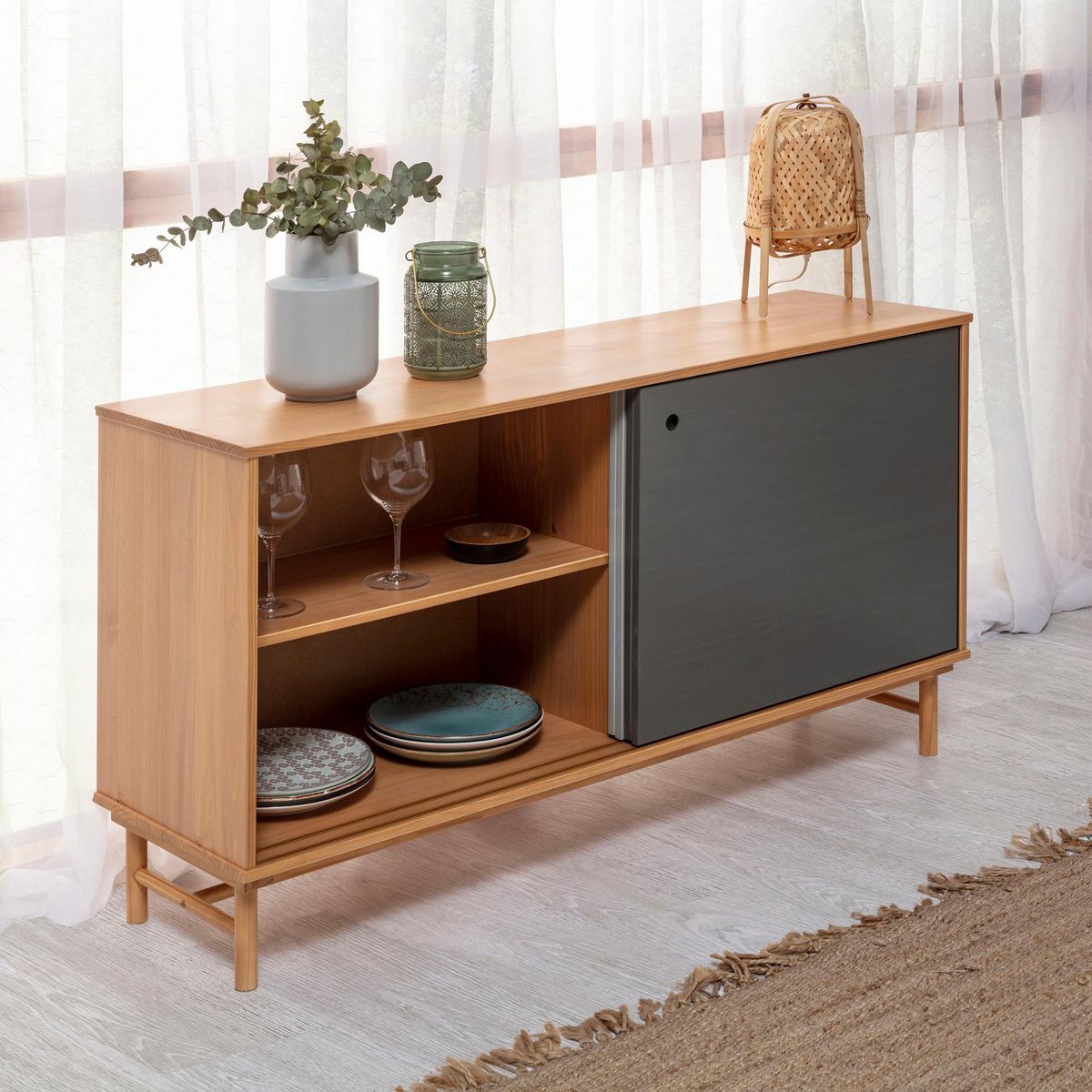 VS VENTA-STOCK Buffet Magnus 2 portes coulissantes couleur Gris, bois massif, 140 cm Largeur