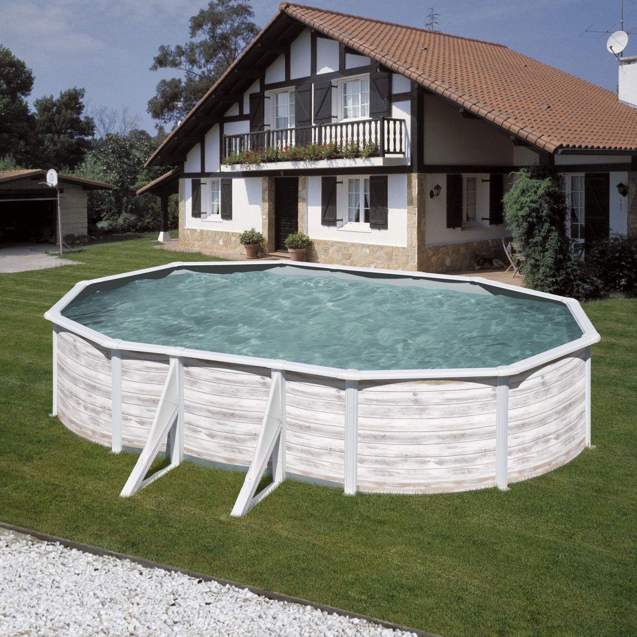 Piscine hors ovale acier 5,27m x 3,27m x H 1,22m - Imitation bois Nordique Filtration à sable Renfort apparents