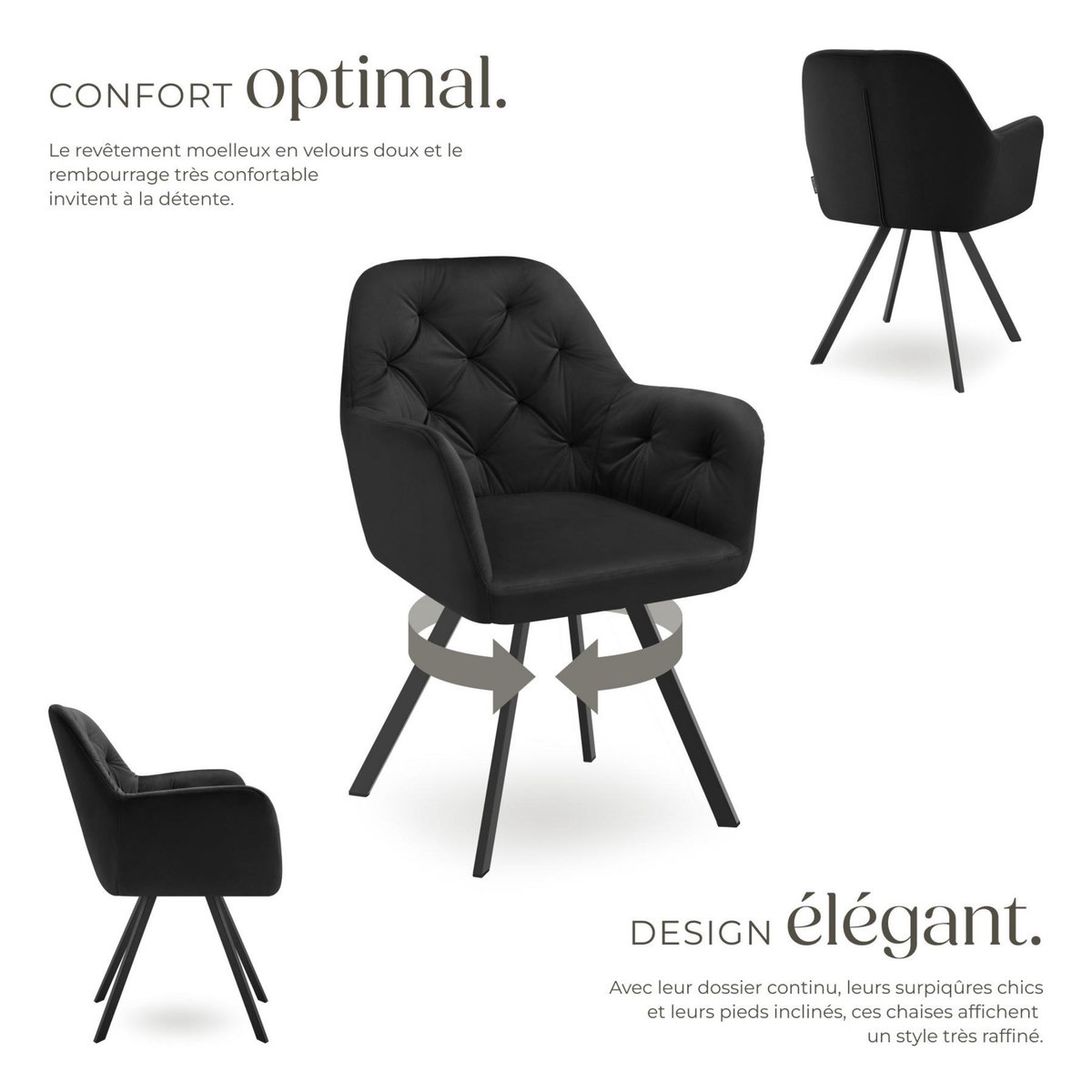 tectake Fauteuil pivotant en velours avec accoudoirs rembourré avec motif matelassé noir Lot de 6
