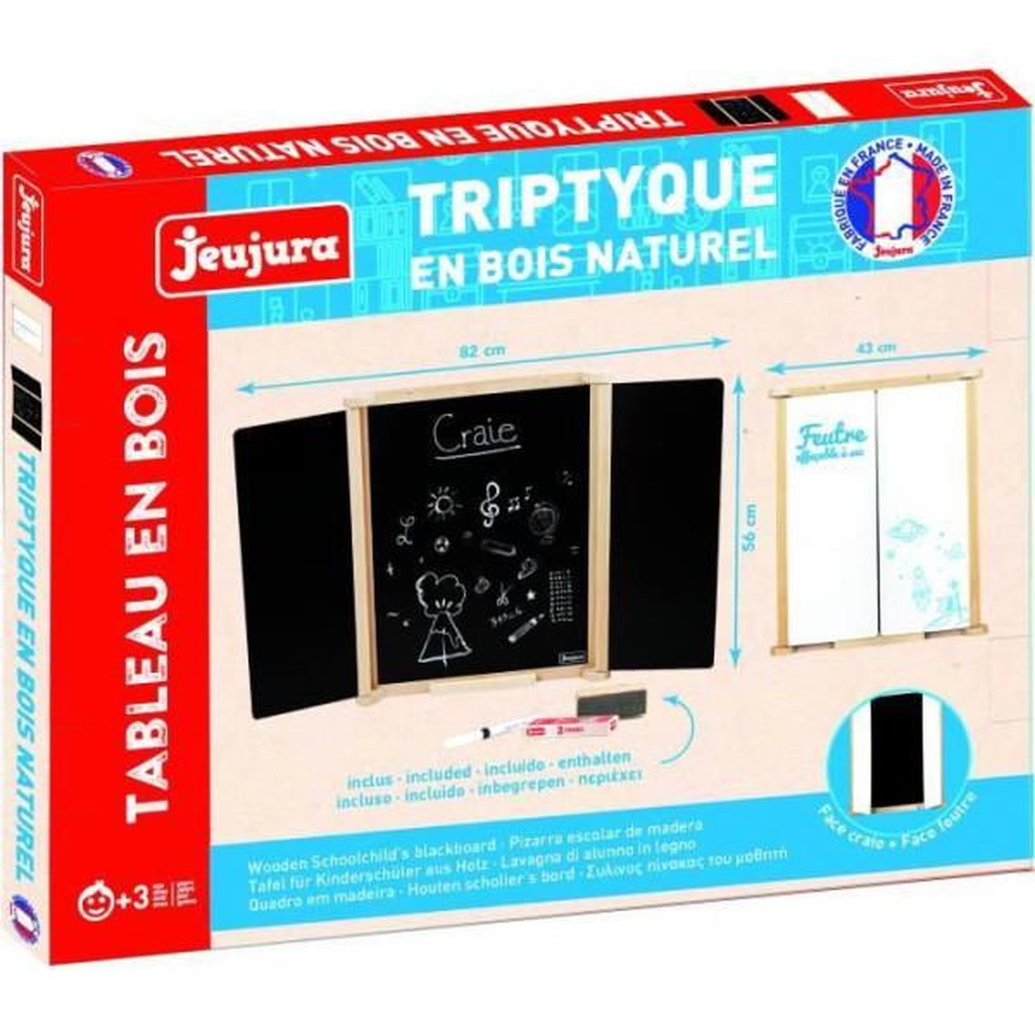 Voir la diapositive 1 : JeuJura Tableau Triptyque Mural en Bois Naturel - JEUJURA - Ardoise Centrale et Volets Craie/Feutre, Accessoires Inclus, 82x56 cm