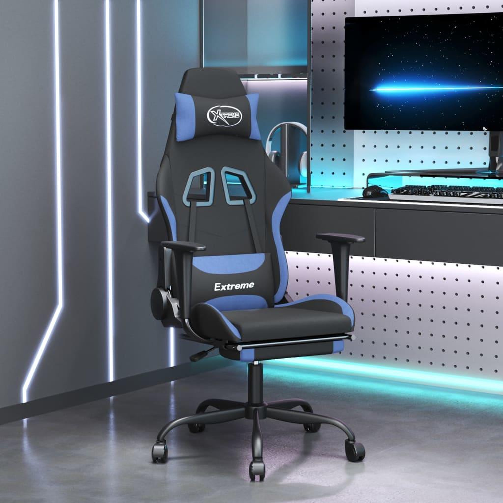 Voir la diapositive 1 : VIDAXL Chaise de jeu de massage avec repose-pied Noir et bleu Tissu