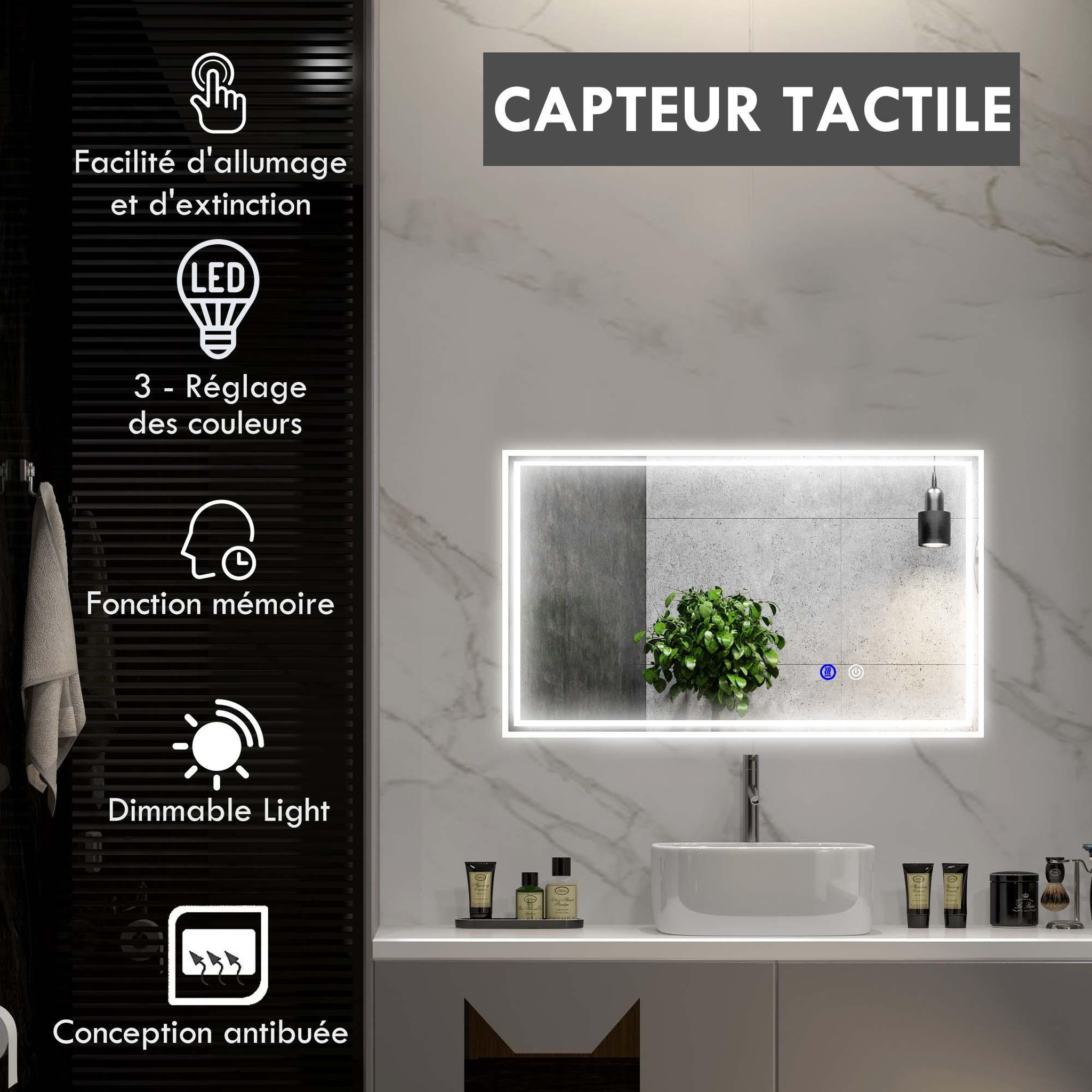 Voir la diapositive 4 : KLEANKIN Miroir led mural de salle de bain - 100l x 60h cm - luminosité réglable 3 couleurs - interrupteur tactile - système antibué