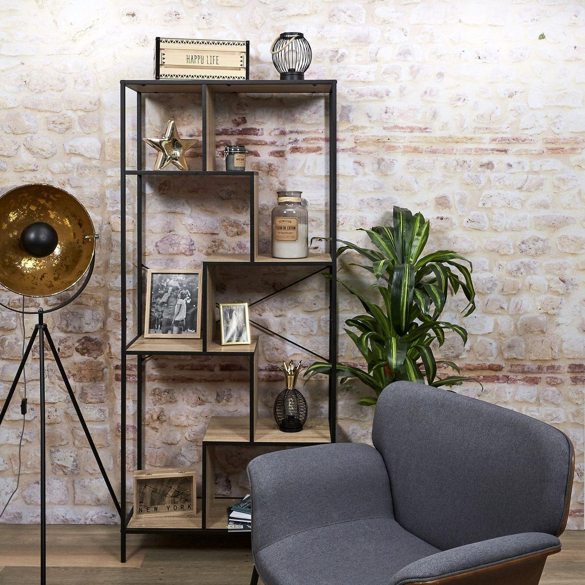 The Home Deco Factory Etagère Edison - H. 180 cm - Noir et Bois