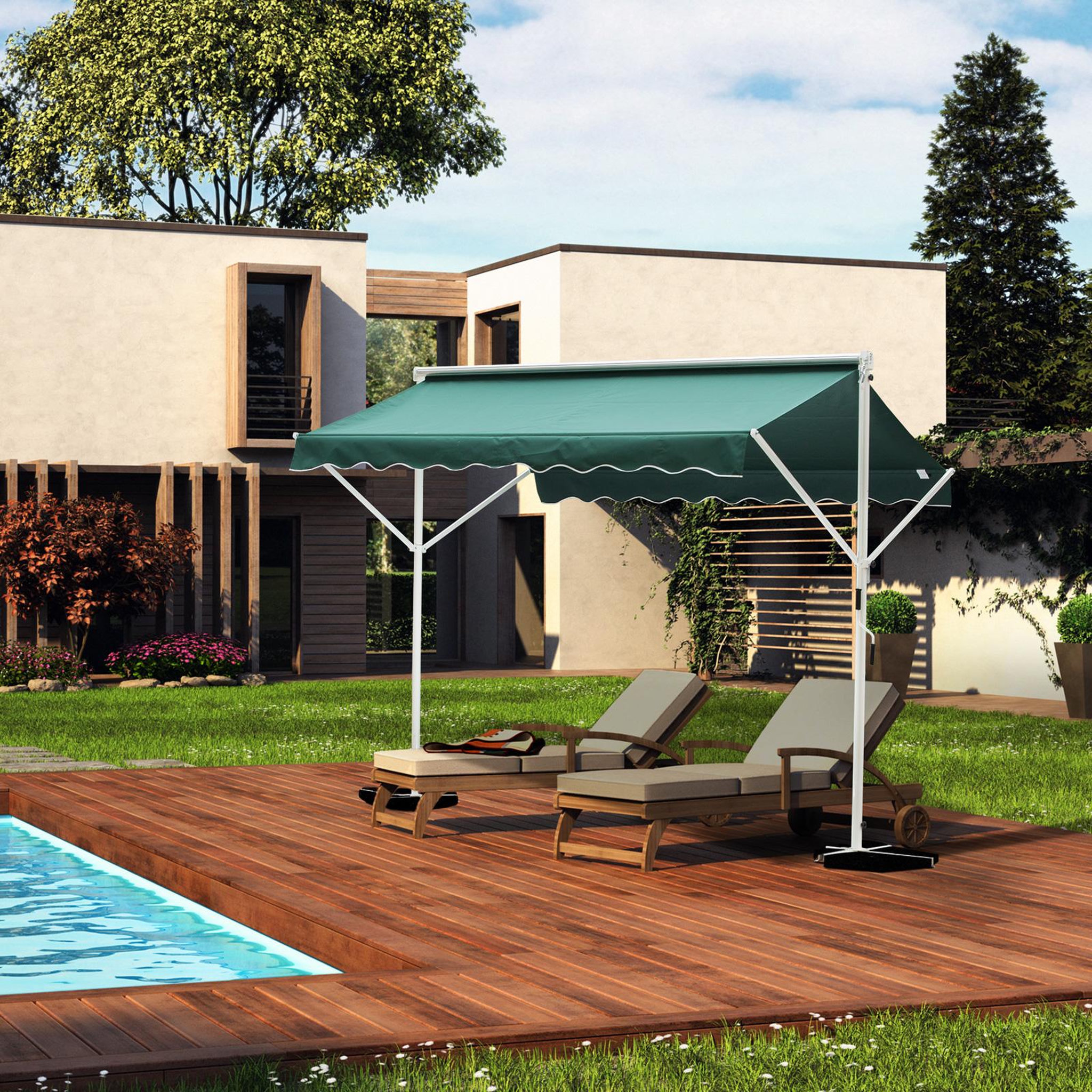 Voir la diapositive 2 : OUTSUNNY Store double pente manuel rétractable inclinaison réglable métal polyester imperméabilisé 3L x 2,95l x 2,6H m vert