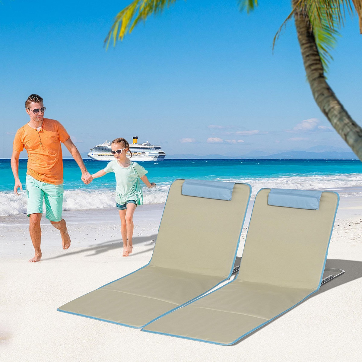 OUTSUNNY Lot de 2 tapis de plage rembourrés - dossier inclinable 5 positions - sac transport inclus - acier polyester beige