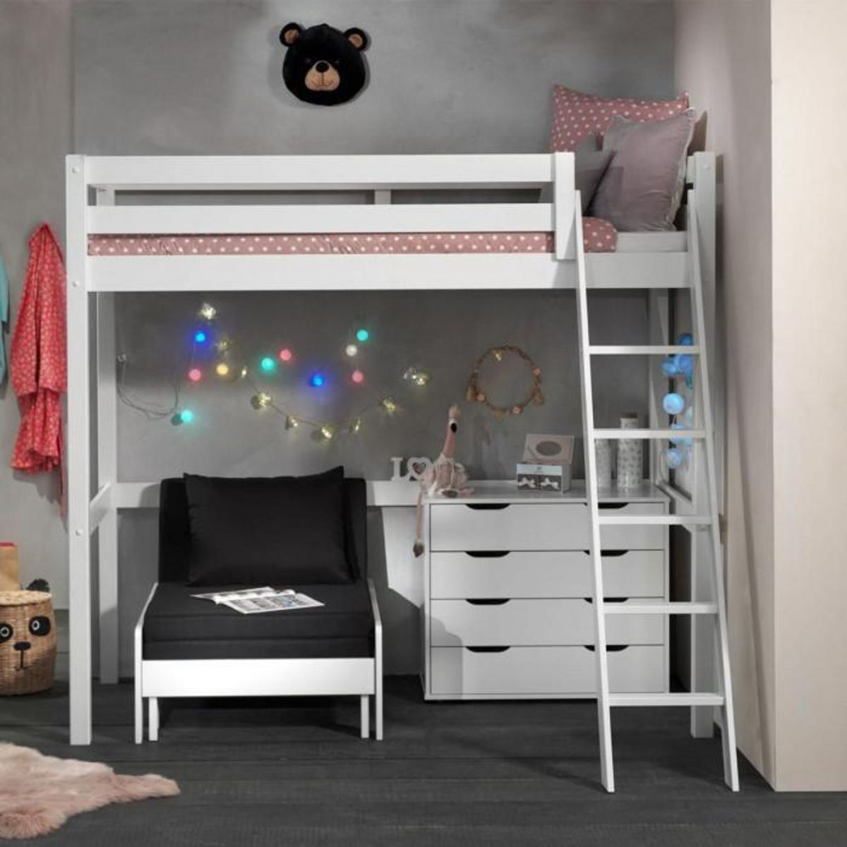 Paris Prix Pack - Lit Mezzanine, Commode & Fauteuil-Lit  Pino II  Blanc