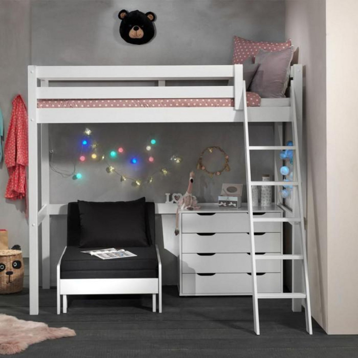 Paris Prix Pack - Lit Mezzanine, Commode & Fauteuil-Lit  Pino II  Blanc