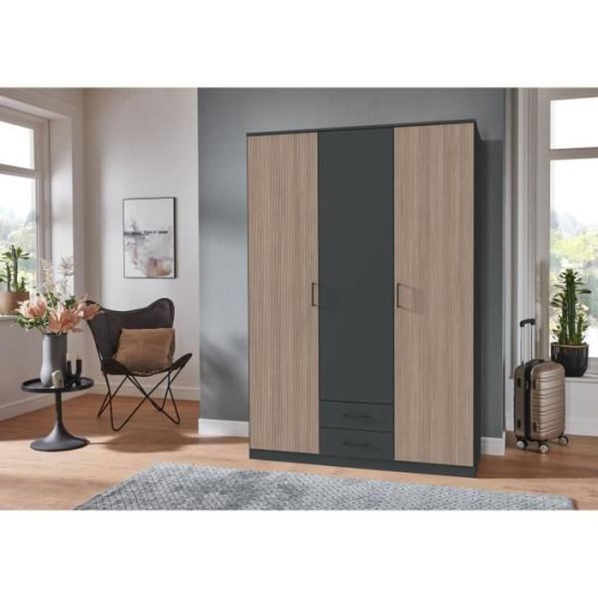 Voir la diapositive 2 : ALINEA Armoire AGIA - Décor gris et chene - 3 portes battantes + 2 tiroirs - L135 x H199 x P58 cm