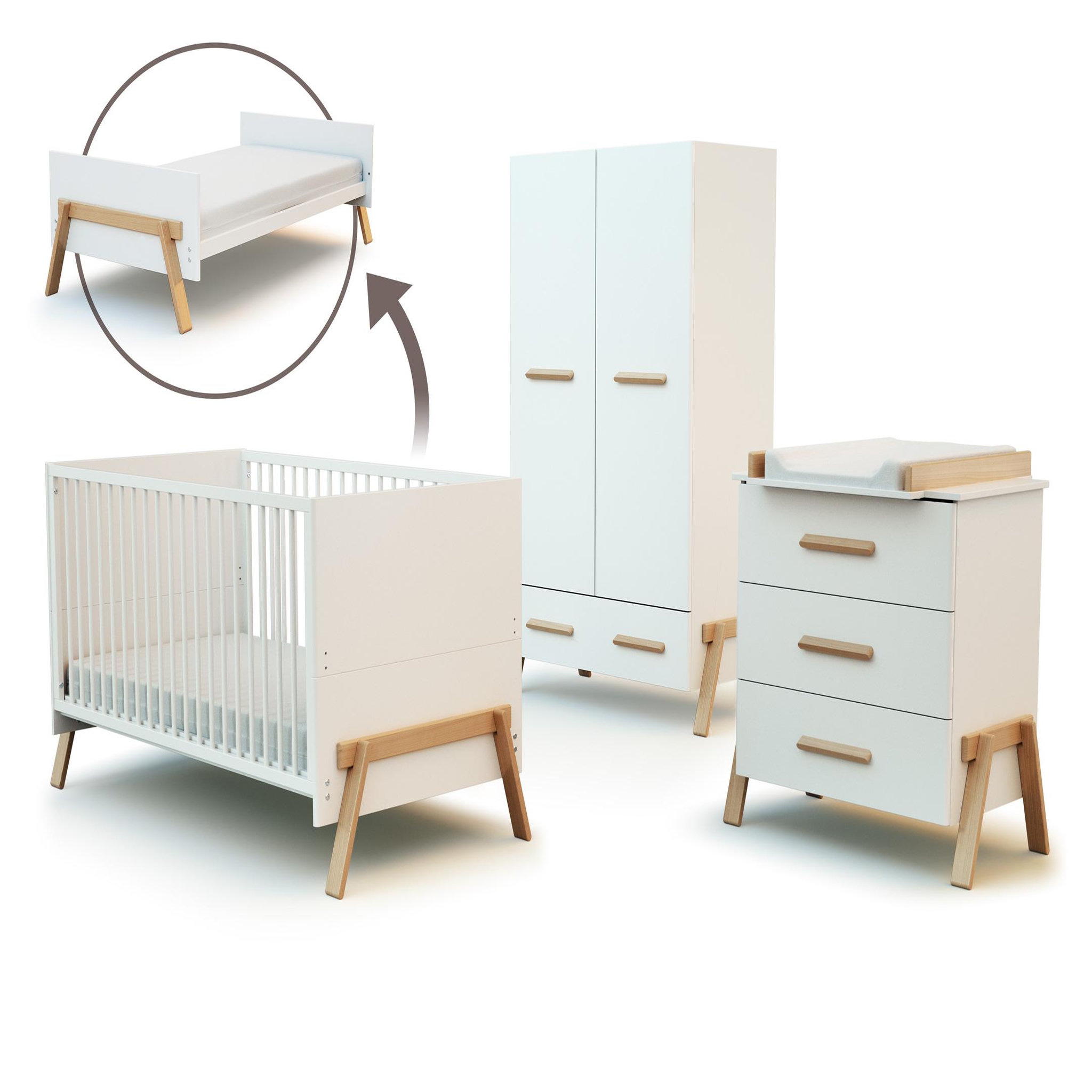 AT4 Chambre bébé lit, commode à langer 3 Tiroirs + armoire en bois