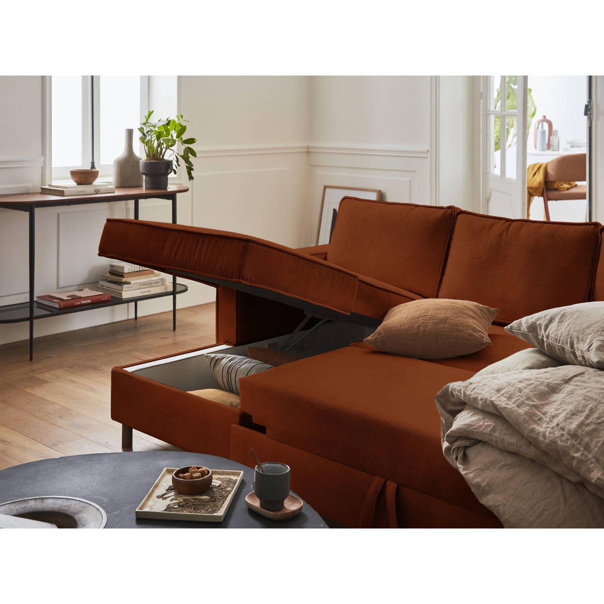 LISA DESIGN Jake - canapé panoramique en u - 7 places - convertible avec coffre - en velours côtelé