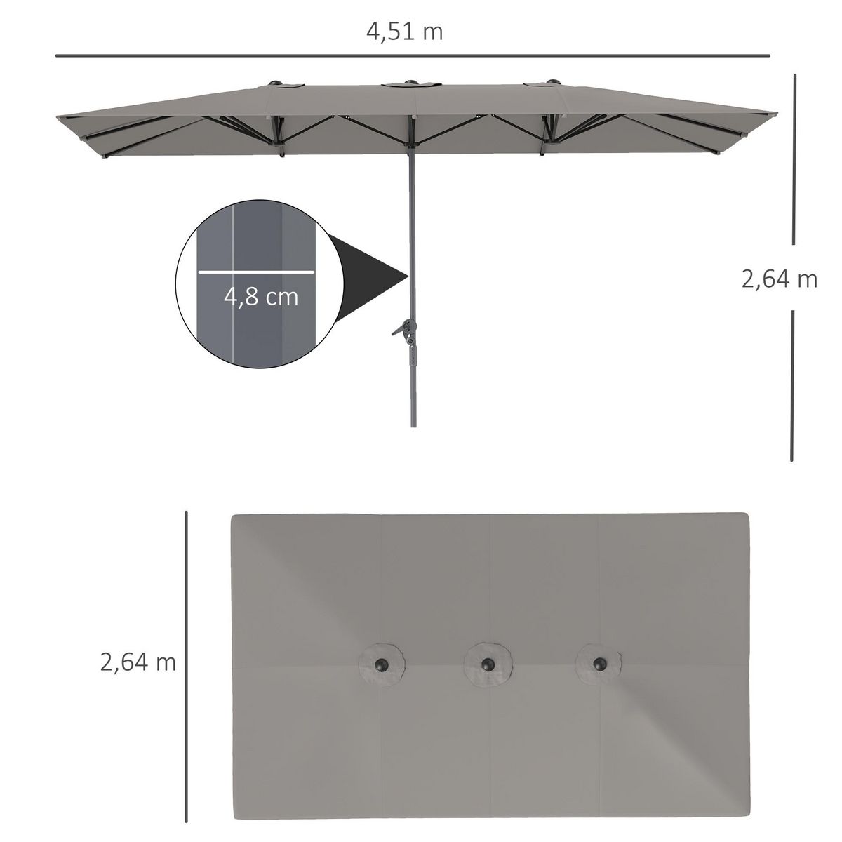 OUTSUNNY Parasol de jardin grande taille dim. 4,51 x 2,64 m manivelle alu métal polyester haute densité UPF 50+ gris