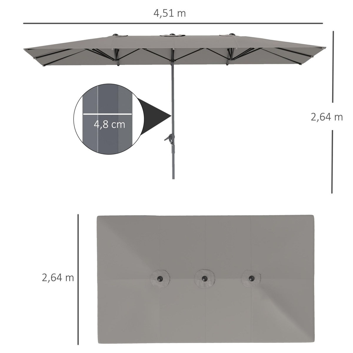 OUTSUNNY Parasol de jardin grande taille dim. 4,51 x 2,64 m manivelle alu métal polyester haute densité UPF 50+ gris