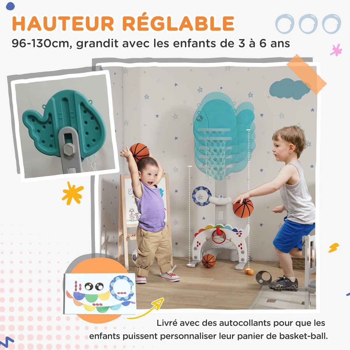HOMCOM Panier de basketball enfant but de foot jeu de golf lancer d'anneaux et balle 5 en 1 HDPE bleu blanc gris