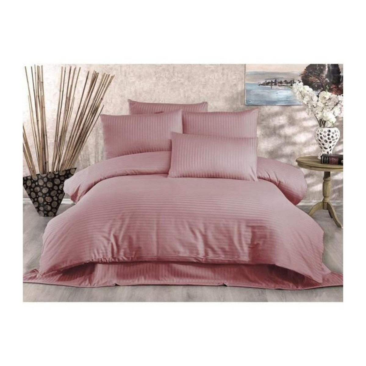 GENERIQUE Parure de lit - 1 housse de couette 220 x 240 cm + 2 taies d'oreiller 60 x 60 cm - 80% coton, 20% polyester - Poudre