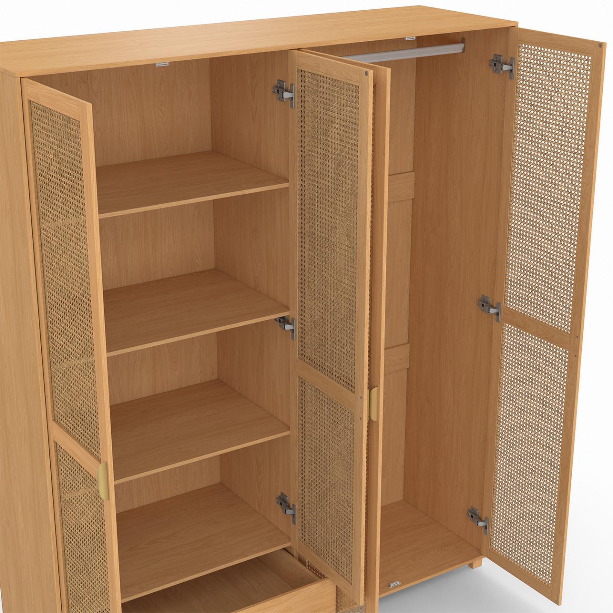 Voir la diapositive 6 : ID MARKET Armoire 4 portes edhen bois et cannage penderie 160 cm avec 2 tiroirs et étagères