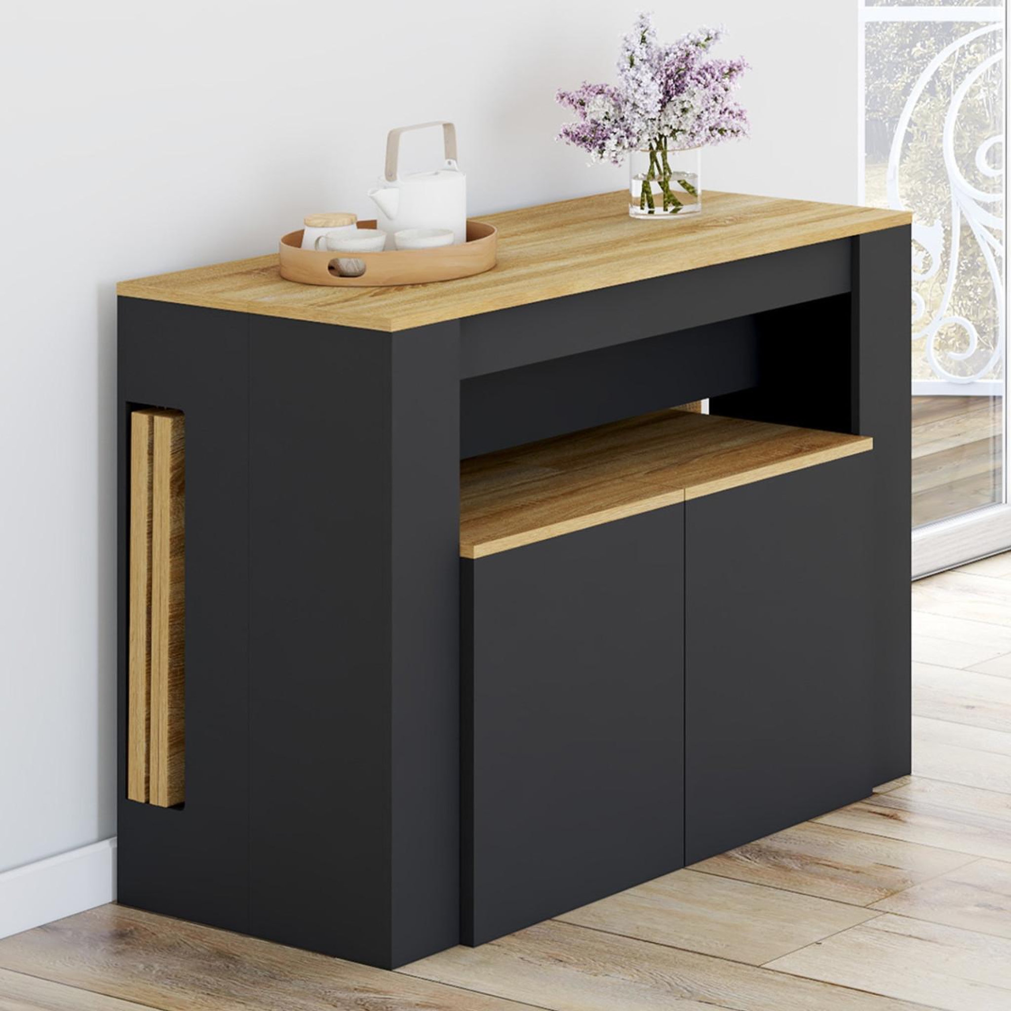 Voir la diapositive 4 : ID MARKET Ensemble table console avec bancs extensibles ORLANDO 10 personnes 235 cm bois noir et façon hêtre