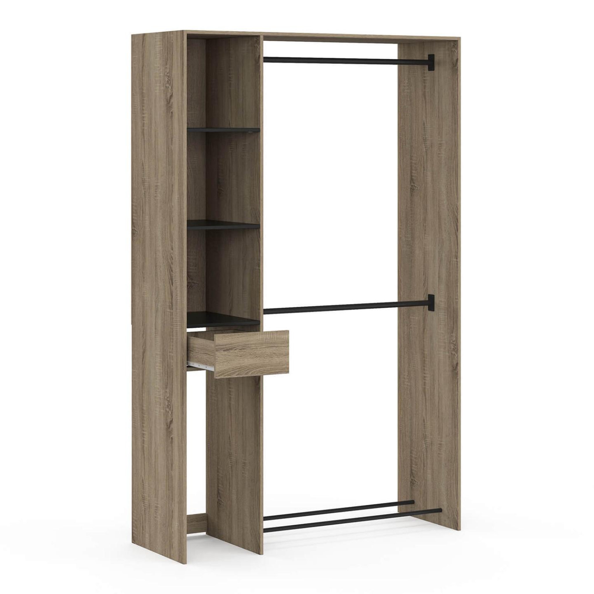 Voir la diapositive 5 : ID MARKET Dressing double penderie l. 110 cm mirty avec étagères + tiroir + rangements à chaussures hêtre et noir