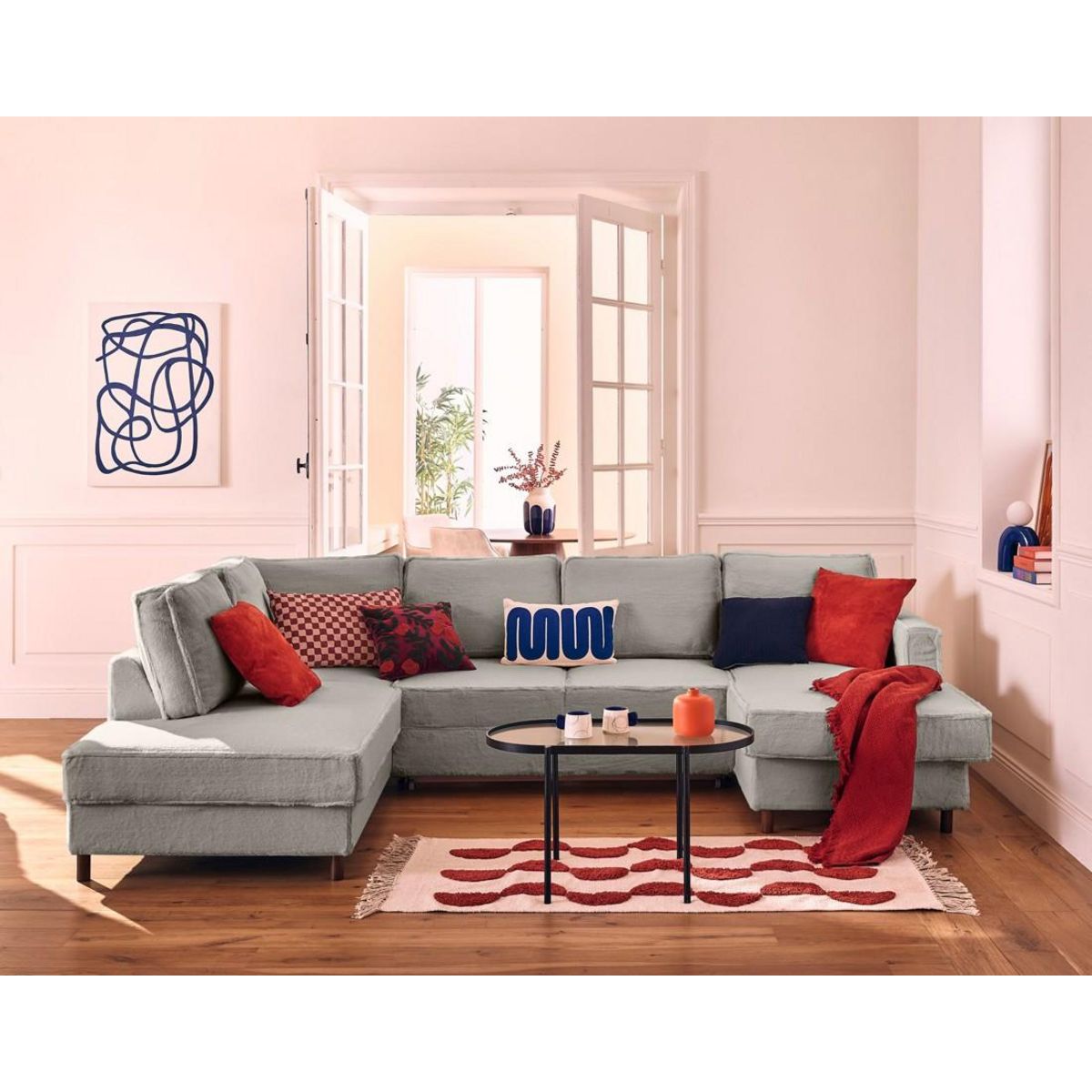 LISA DESIGN Jake - canapé panoramique d'angle gauche 7 places convertible avec coffre en fausse fourrure