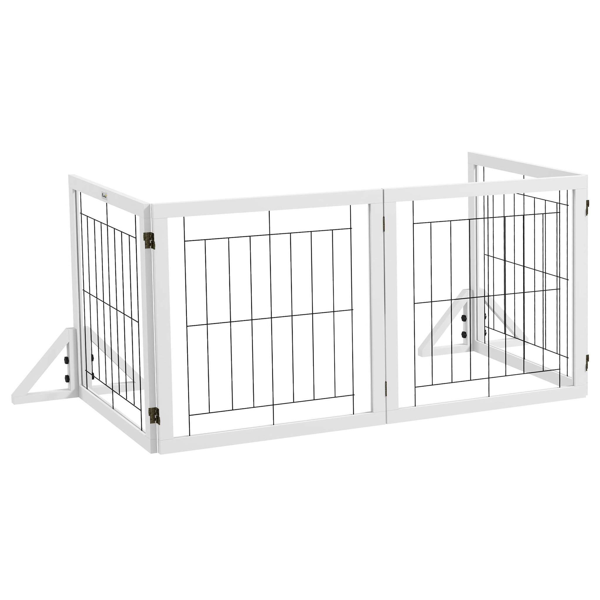 Voir la diapositive 4 : PAWHUT Barrière de sécurité pour animaux autoportante - barrière modulable pliable 4 panneaux - 2 pieds support - acier noir bois blanc