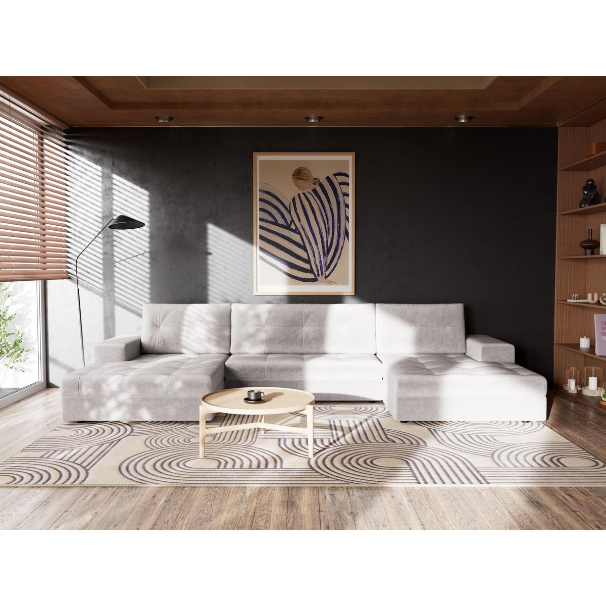 BEST MOBILIER Bastian - canapé panoramique en u 7 places convertible avec coffre en velours texturé