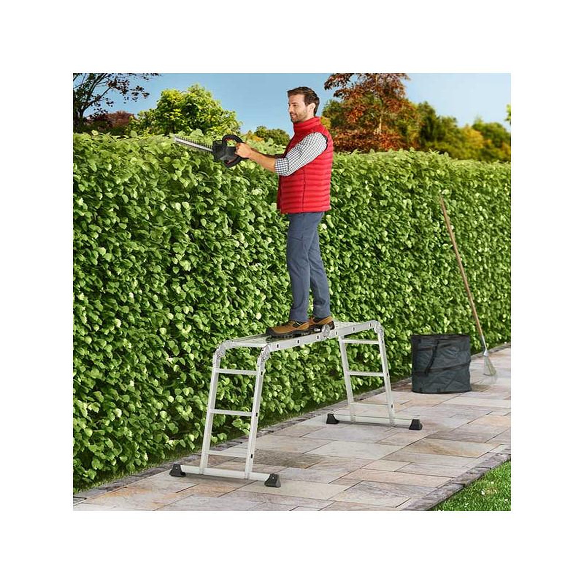 Voir la diapositive 2 : HAILO Echelle pliante articulée avec plateforme 4x3 échelons 3,5m/4,5m en aluminium Hailo