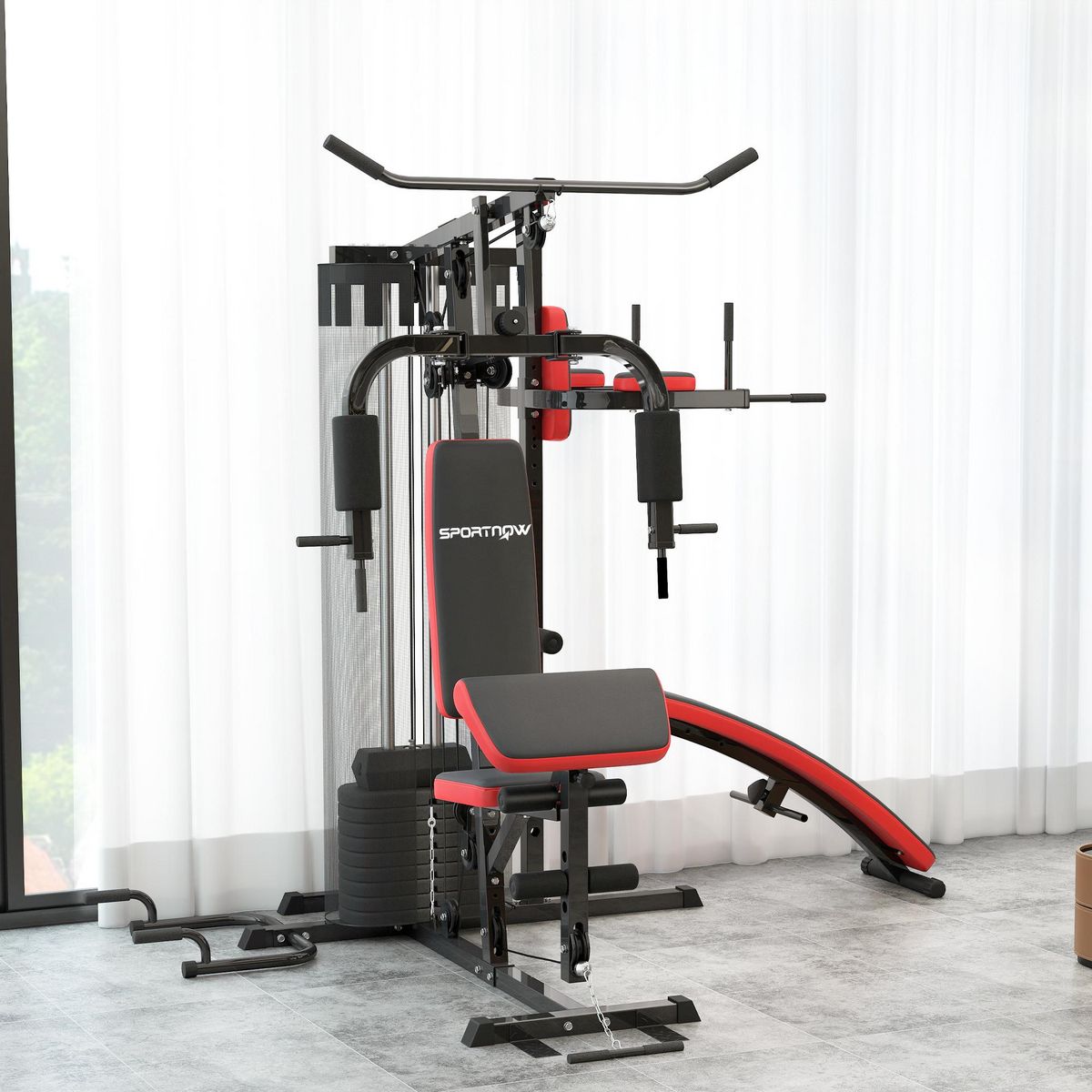 HOMCOM Station de musculation - banc, développé couché, butterfly, barre latissimus et traction, curler, bande résistance, 10 contrepoids - acier noir rouge