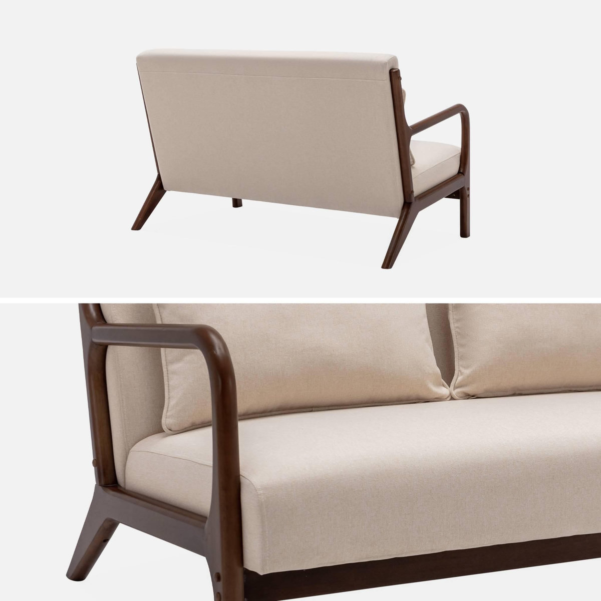 SWEEEK Banquette 2 places tissu beige. pieds bois d'hévéa teinté noyer clair. droit fixe. pieds compas scandinave