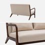 Voir la diapositive 6 : SWEEEK Banquette 2 places tissu beige. pieds bois d'hévéa teinté noyer clair. droit fixe. pieds compas scandinave