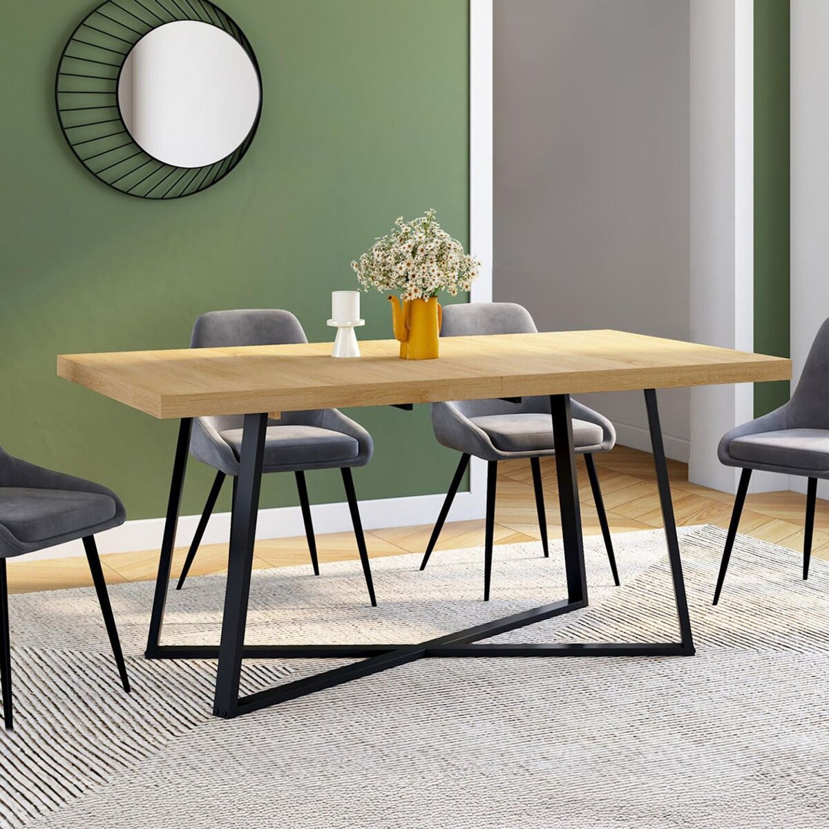 ID MARKET Table à manger extensible rectangle SELMA 6-10 personnes bois et noir 160-200 cm