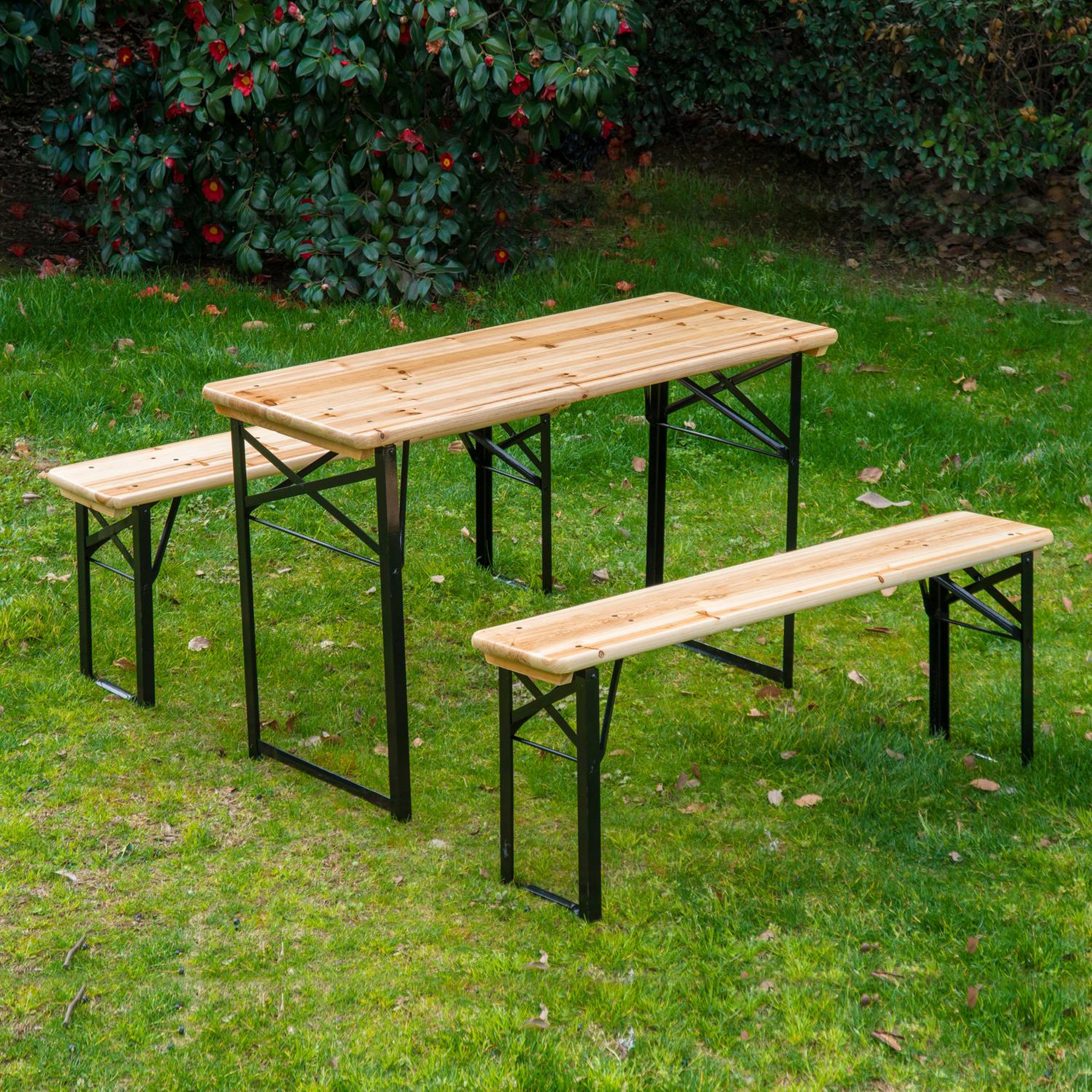 Voir la diapositive 4 : OUTSUNNY Table de camping pique-nique pliable portable + 2 bancs pliables métal époxy noir bois massif sapin
