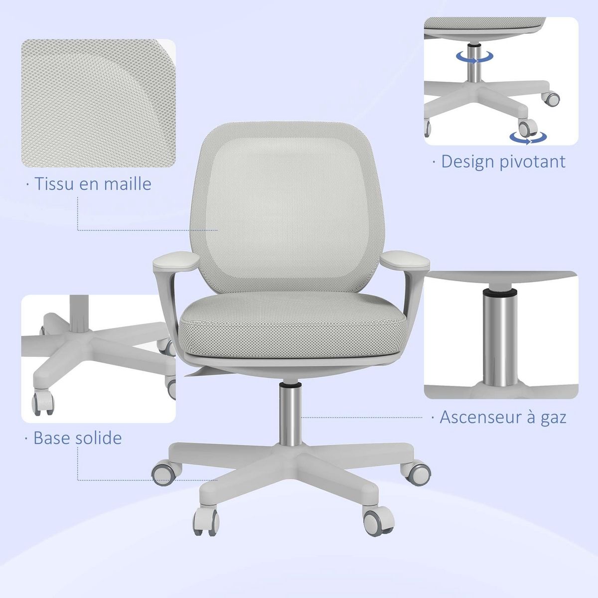VINSETTO Chaise de bureau ergonomique hauteur réglable pivotante 360° revêtement maille gris
