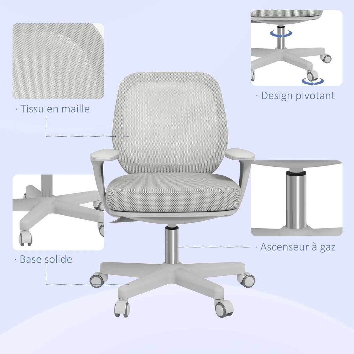 VINSETTO Chaise de bureau ergonomique hauteur réglable pivotante 360° revêtement maille gris