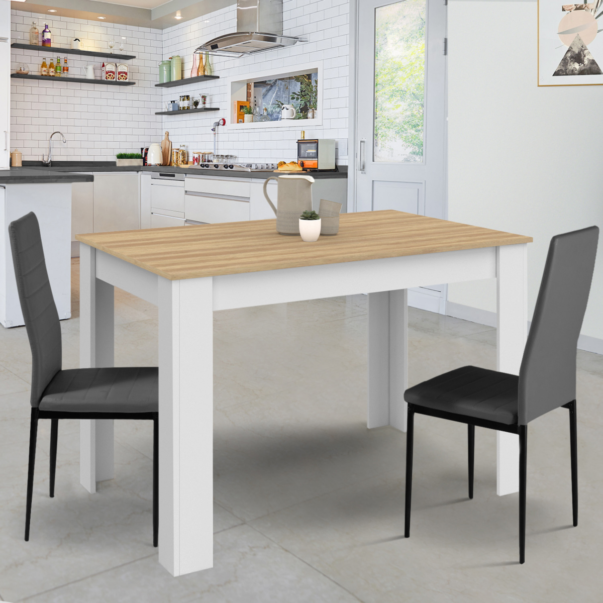ID MARKET Table à manger rectangle ROZY 6 personnes blanc plateau façon hêtre 110 cm