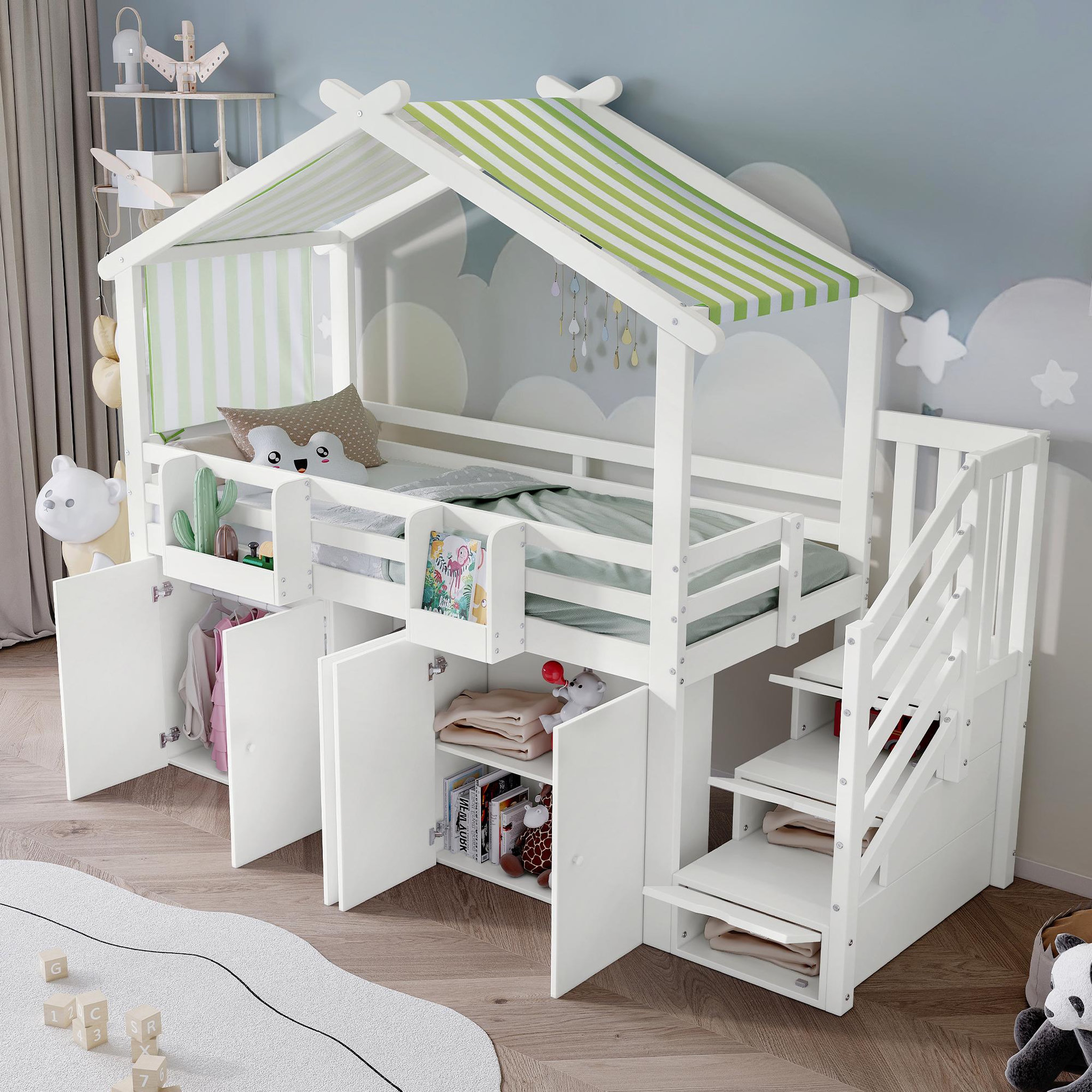 Voir la diapositive 5 : MERAX Lit cabane enfant 90x200cm bois et mdf coloris blanc