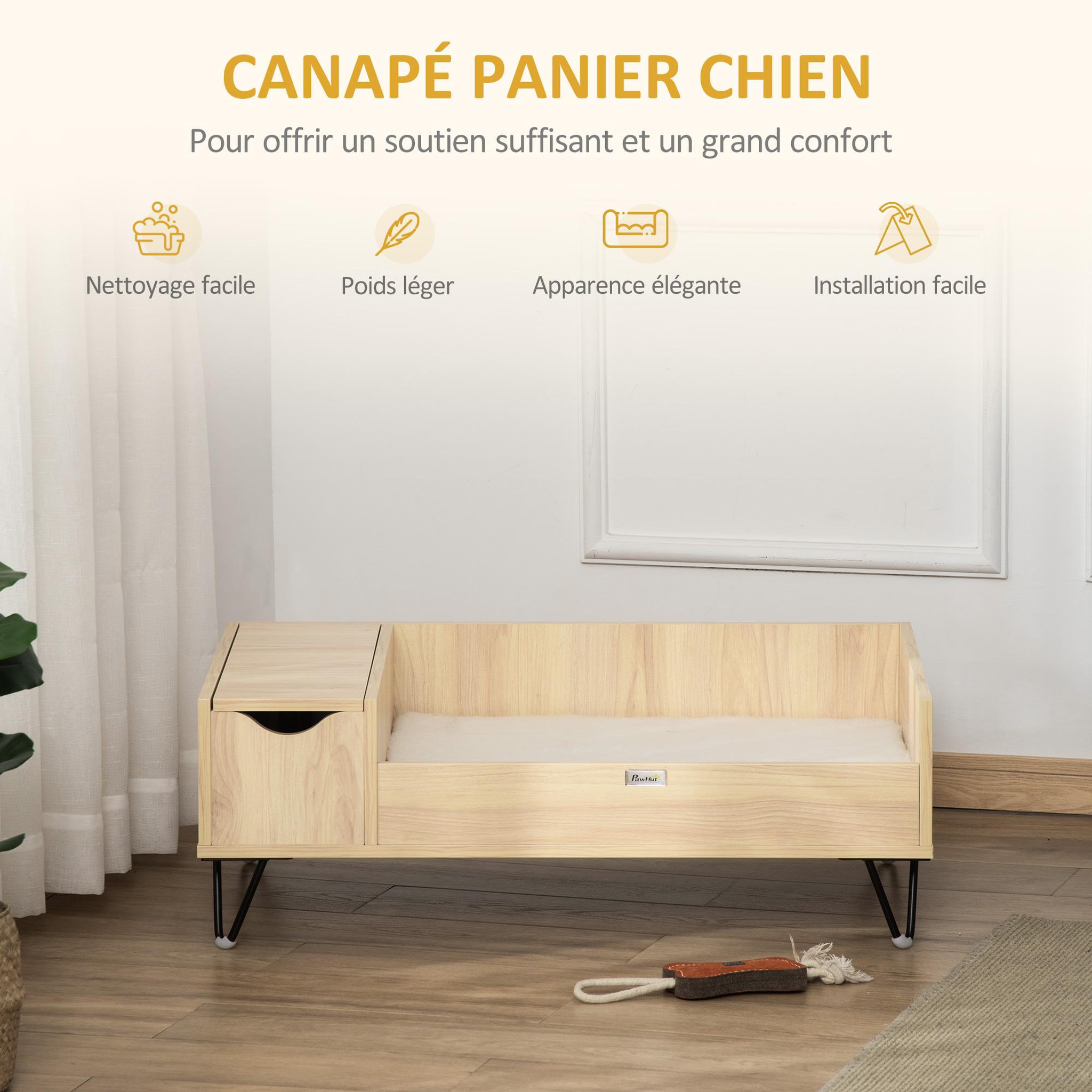 Voir la diapositive 4 : PAWHUT Canapé chien chat style cosy naturel - coussin aspect fourrure blanc et coffre inclus - dim. 89L x 56l x 31H cm - pieds acier en épingles lit MDF aspect bois clair naturel