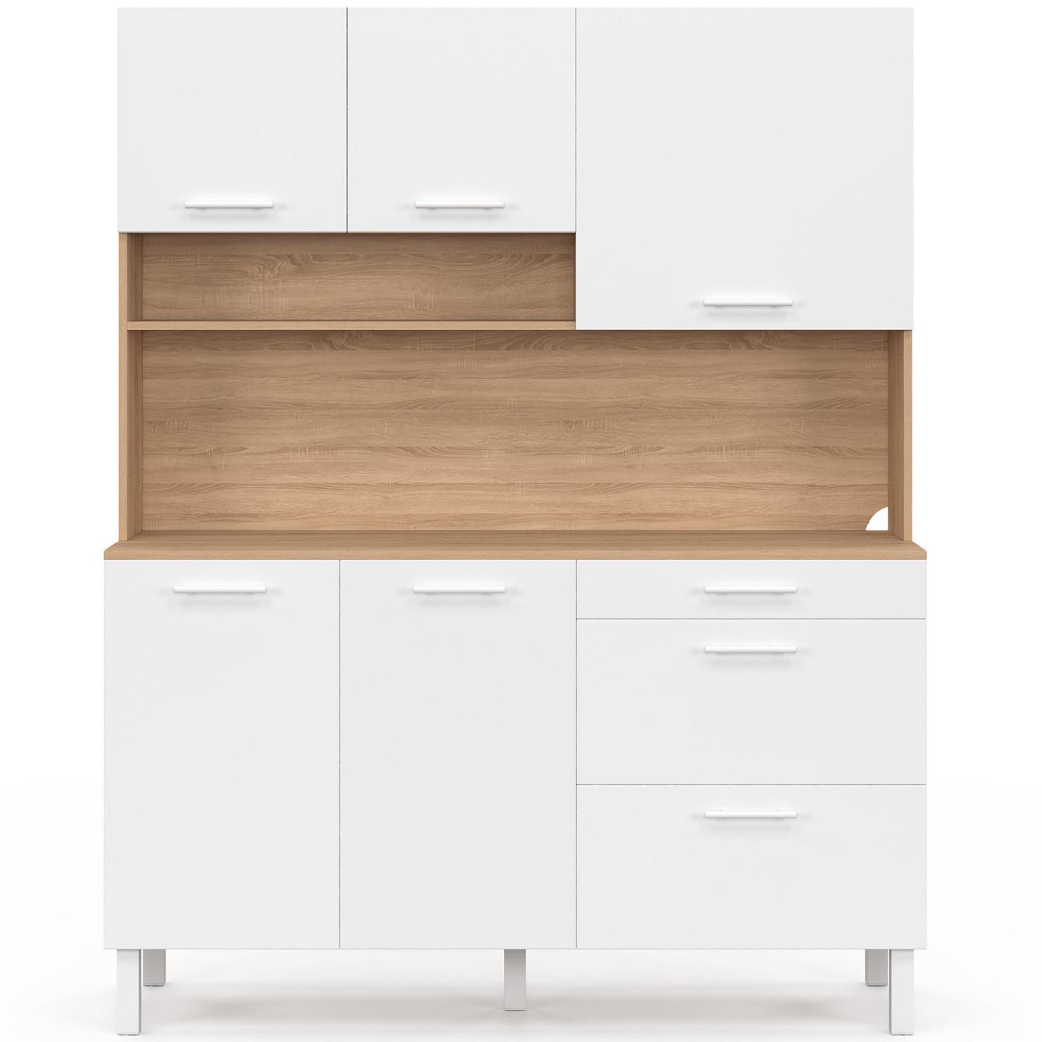 Voir la diapositive 3 : ID MARKET Buffet casserolier de cuisine 140 cm cina 5 portes + 3 tiroirs façon hêtre et blanc