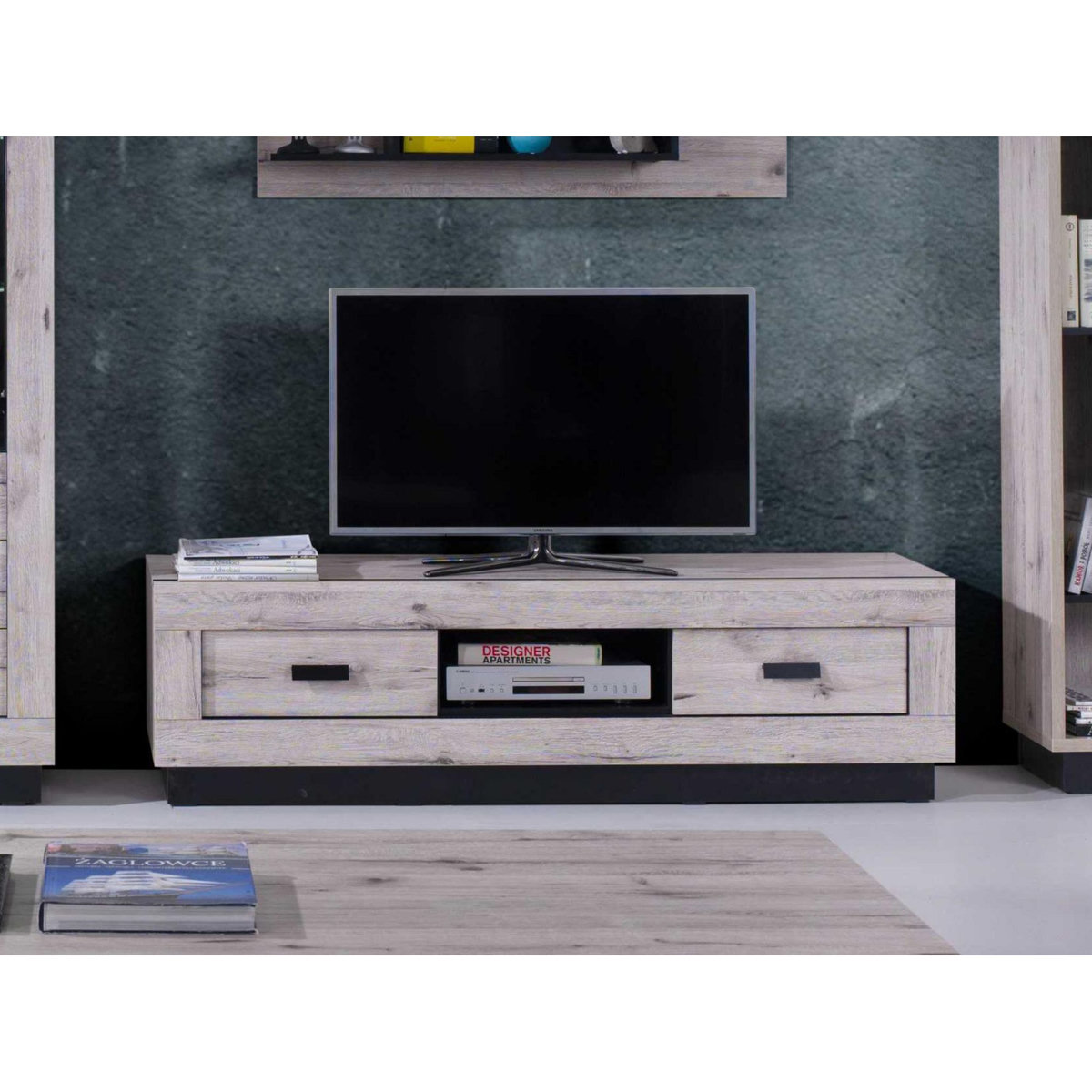BEST MOBILIER Otis - meuble tv - effet bois gris - 2 tiroirs et 1 niche - 170 cm
