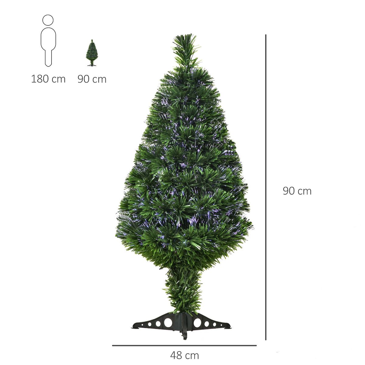 HOMCOM Sapin de Noël artificiel lumineux fibre optique multicolore + support pied Ø 48 x 90H cm 90 branches vert