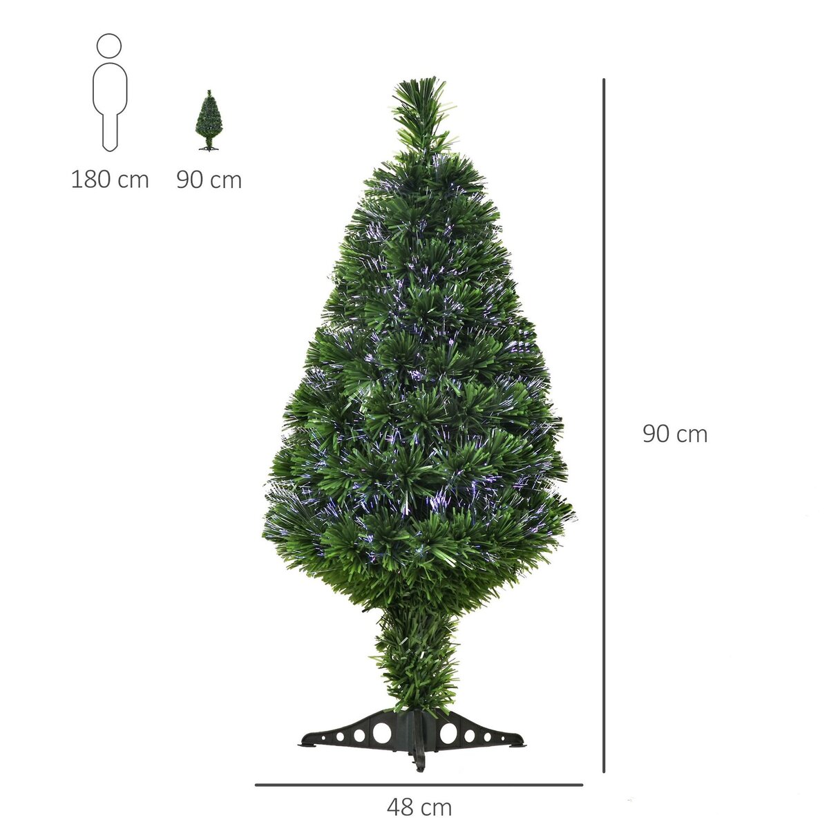 HOMCOM Sapin de Noël artificiel lumineux fibre optique multicolore + support pied Ø 48 x 90H cm 90 branches vert