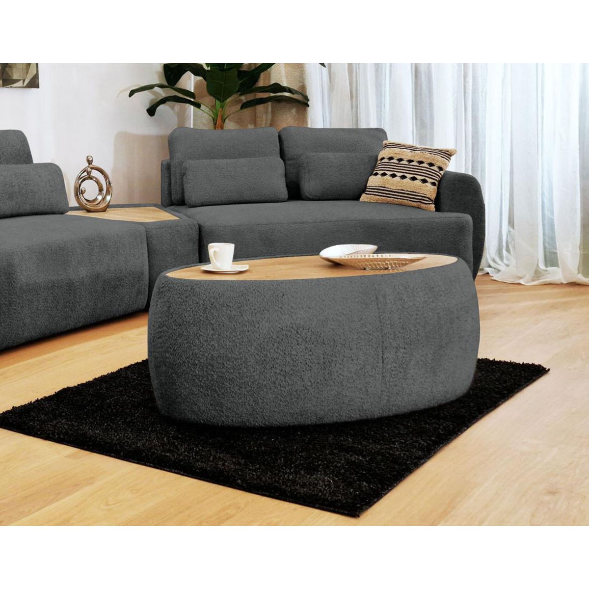 BEST MOBILIER Mahina - table basse ovale - en tissu bouclette et plateau effet bois - 114 cm
