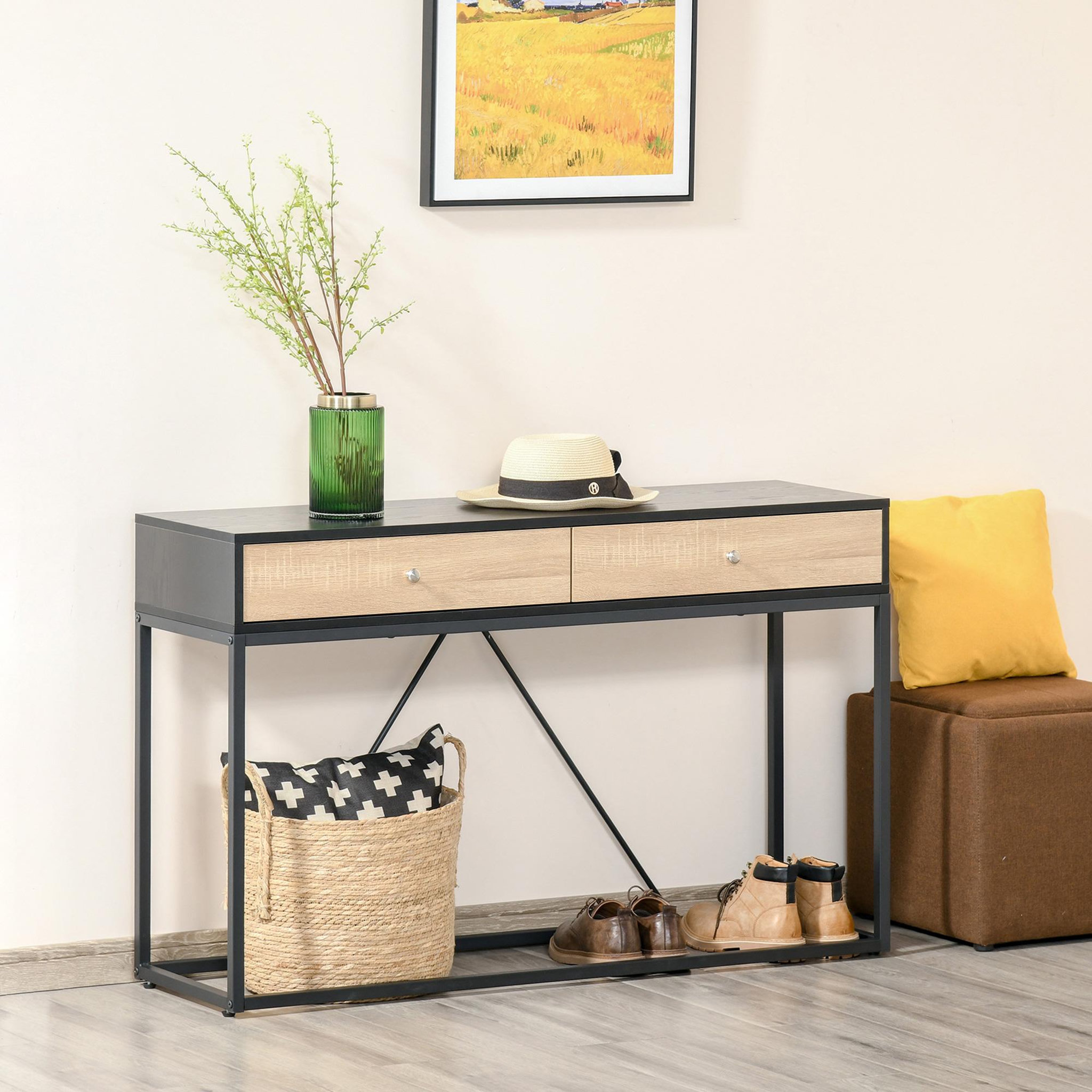 Voir la diapositive 4 : HOMCOM Table console moderne 2 tiroirs métal et panneau de particules dim. 120 x 35 x 75 cm