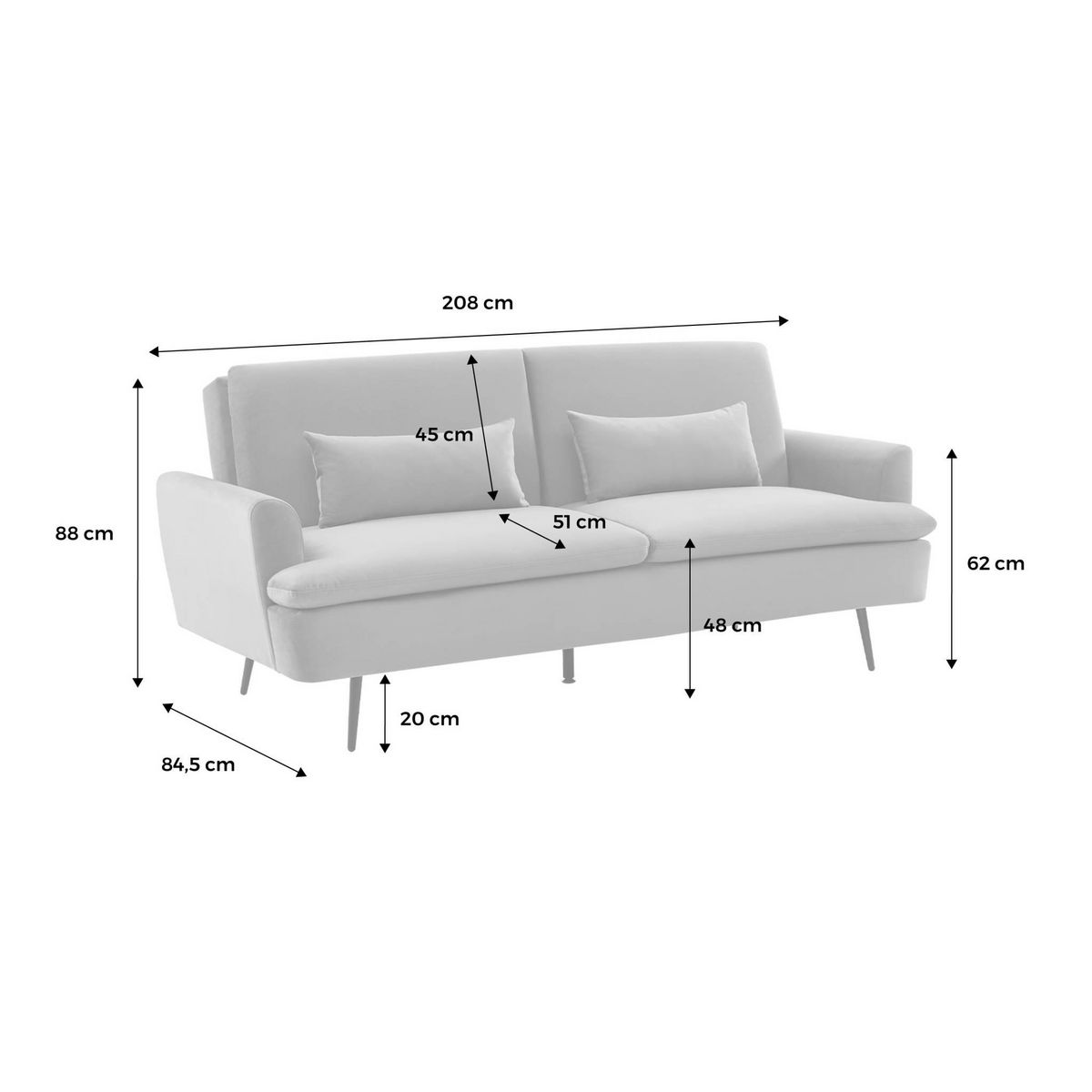 SWEEEK Canapé convertible. John. 2-3 places pieds métal et velours gris clair L 210 x P111 x H48cm