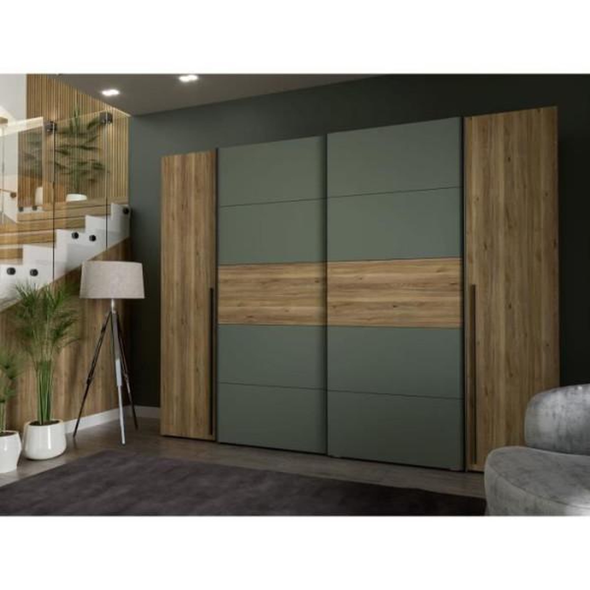 Voir la diapositive 3 : MARKET24 Armoire - Décor Chene et vert Sauge - 2 portes battantes + 2 portes coulissantes - L270 x P61 x H210cm - NARAGO