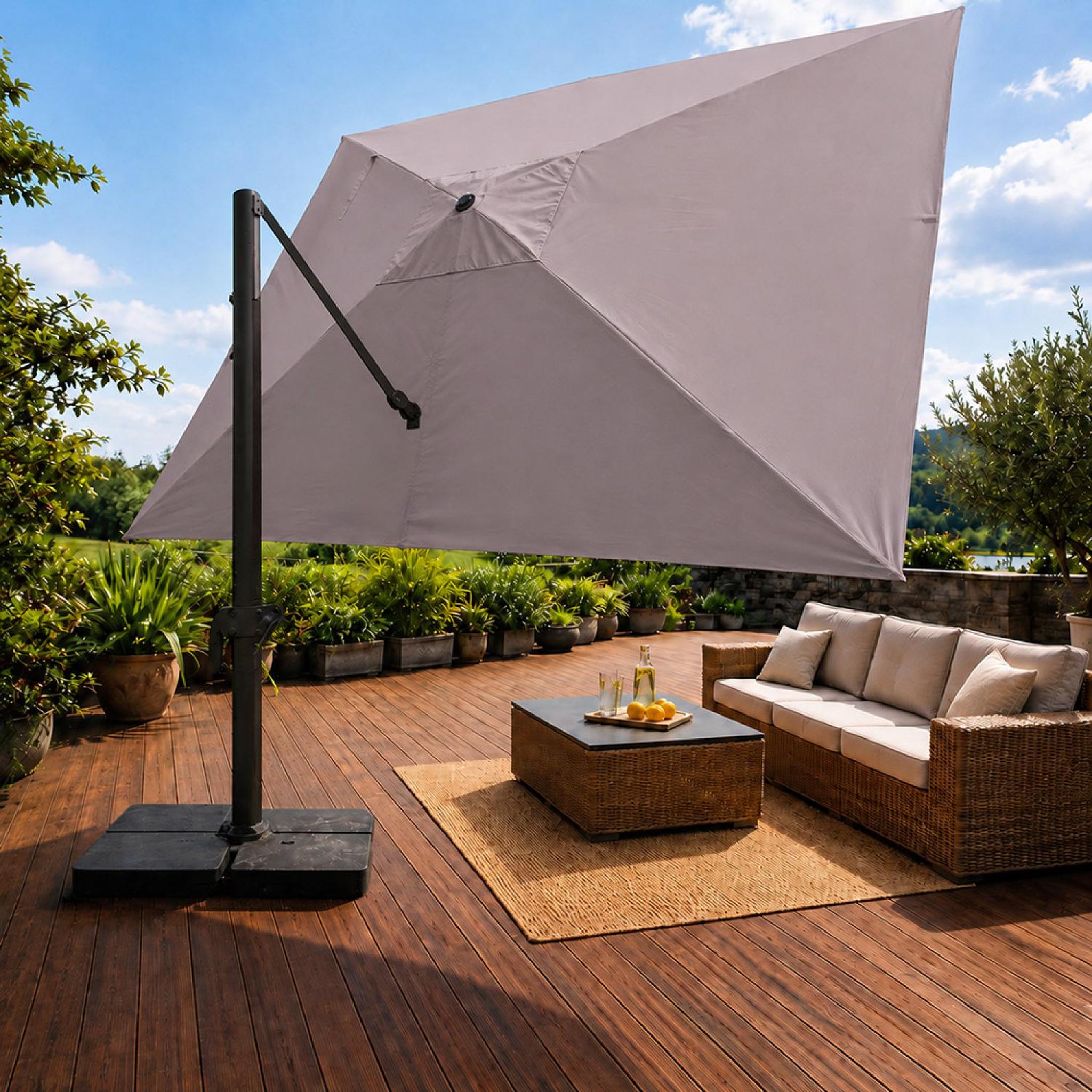 Voir la diapositive 6 : CONCEPT USINE Parasol rectangulaire 3x4 déporté rotatif gris en aluminium cezir