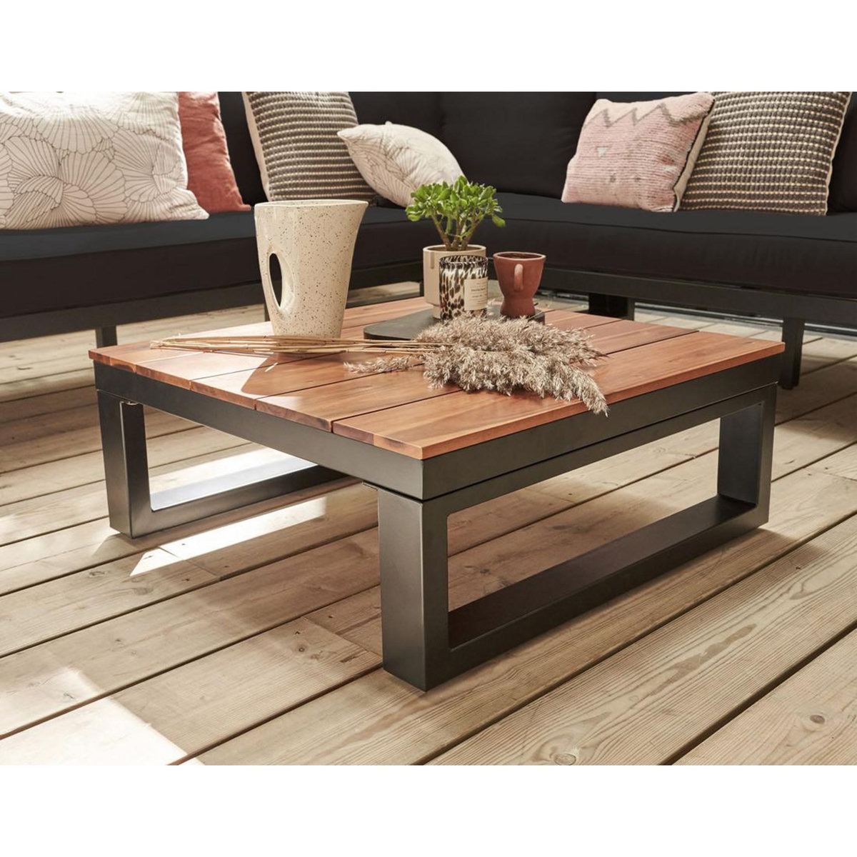 BEST MOBILIER Salome - salon bas de jardin 5 places + table - modulable - bois, métal et coussins noirs