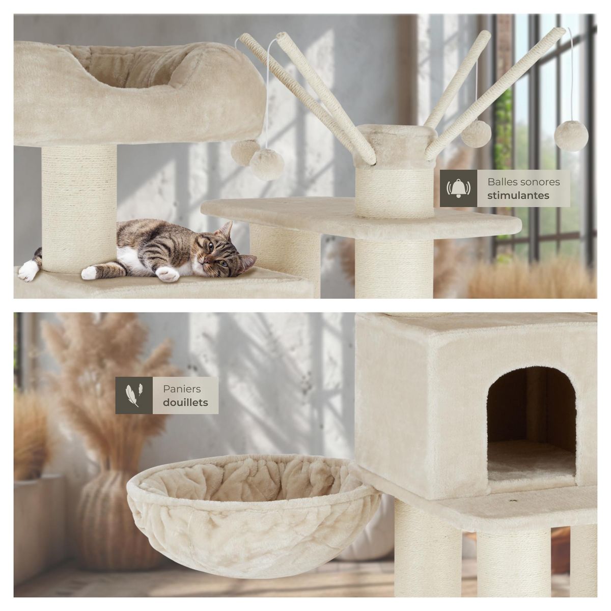 tectake Arbre à chat 195 cm avec griffoir et plateforme d'escalade beige/blanc