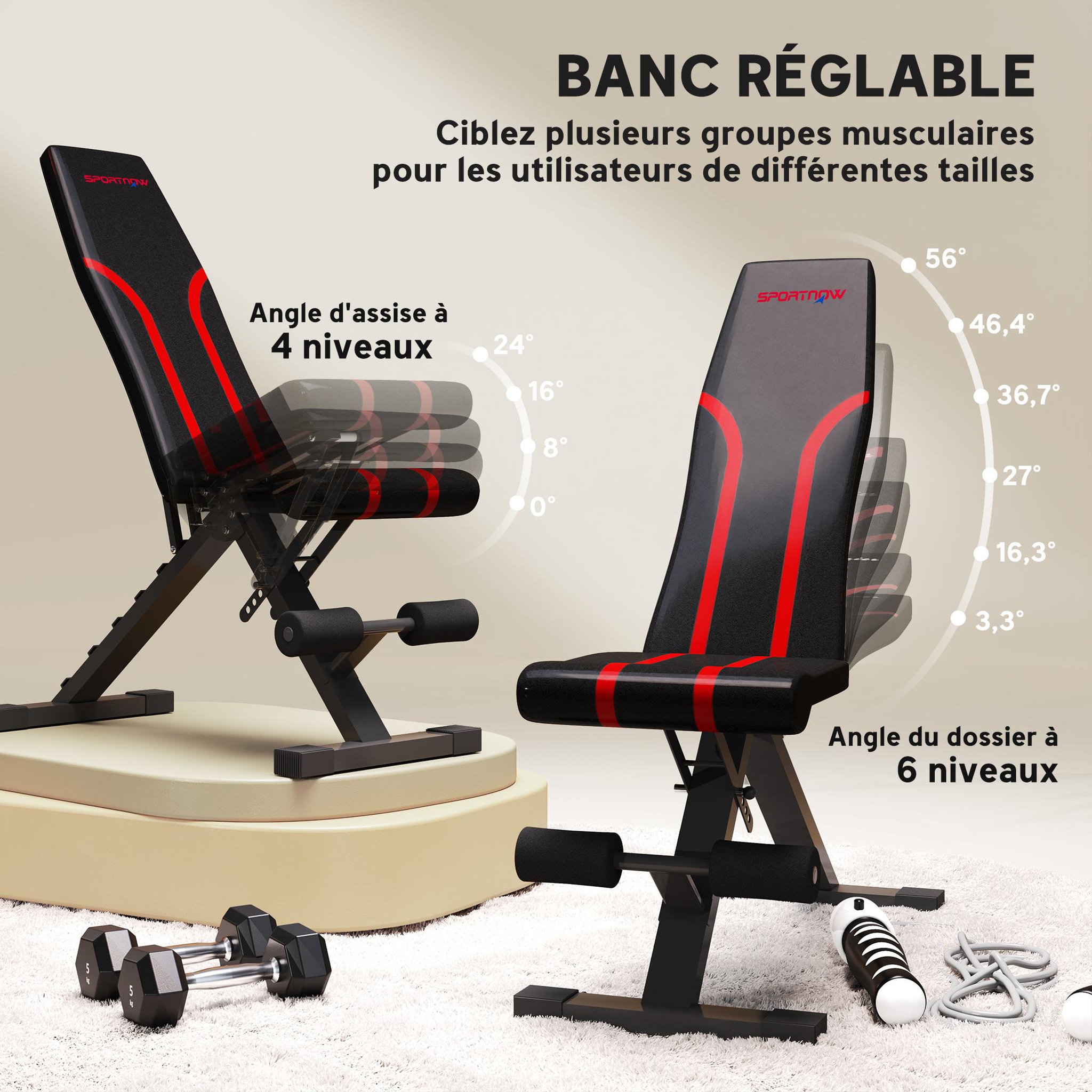 Voir la diapositive 4 : HOMCOM Banc de musculation pliable inclinable charge max. 230 kg rouge noir