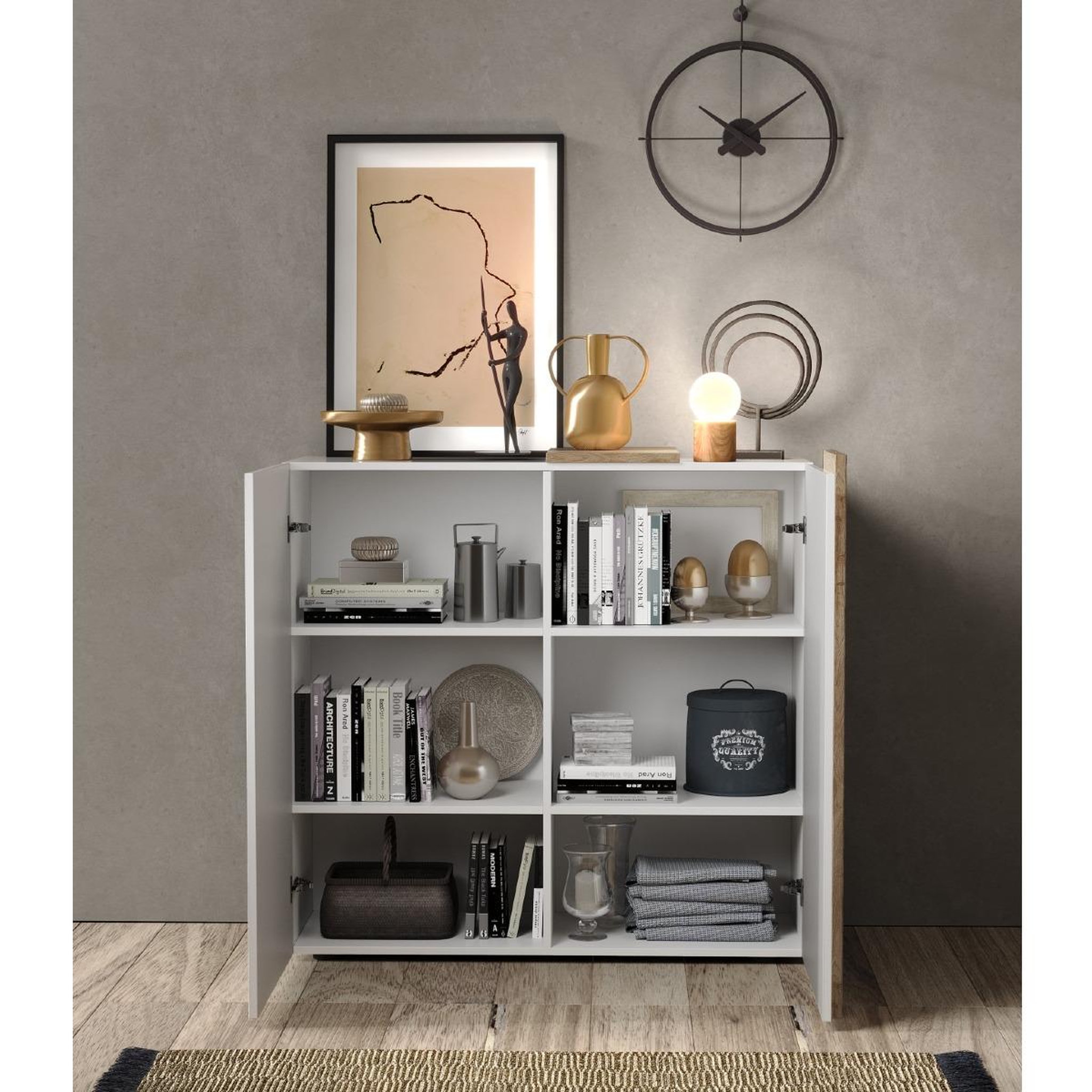 Voir la diapositive 3 : JLC KREATION Buffet haut moderne blanc et bois 2 portes SIA