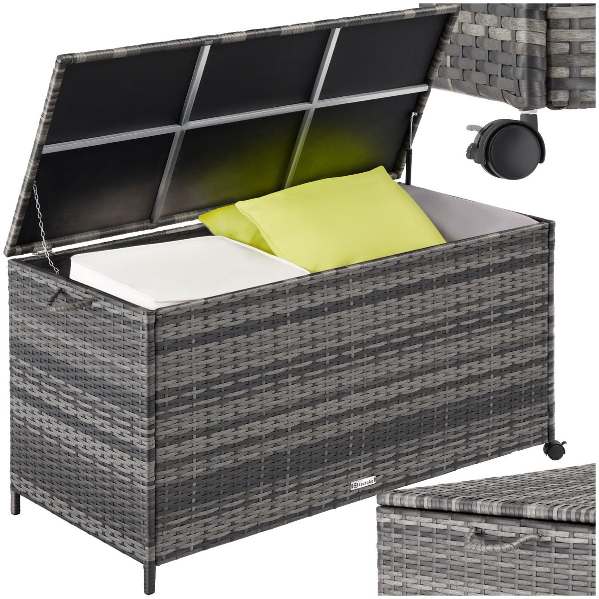 tectake Coffre de jardin caisse de rangement pour coussins 297 l, avec cadre en aluminium et tressage en rotin gris