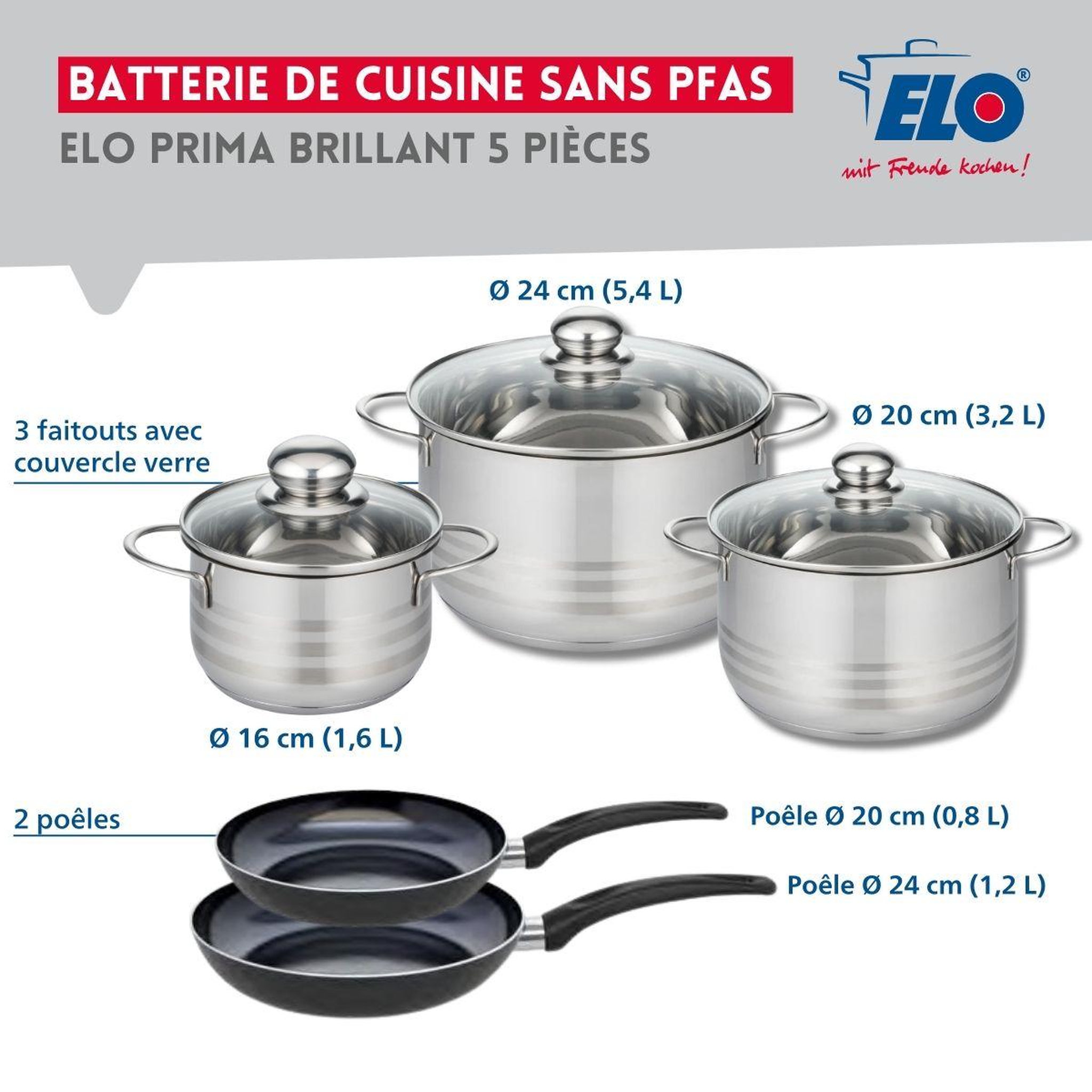Voir la diapositive 2 : ELO Ensemble de 2 poêles de cuisson 20 et 24 cm et 3 faitouts 16, 20 et 24 cm elo prima brillant